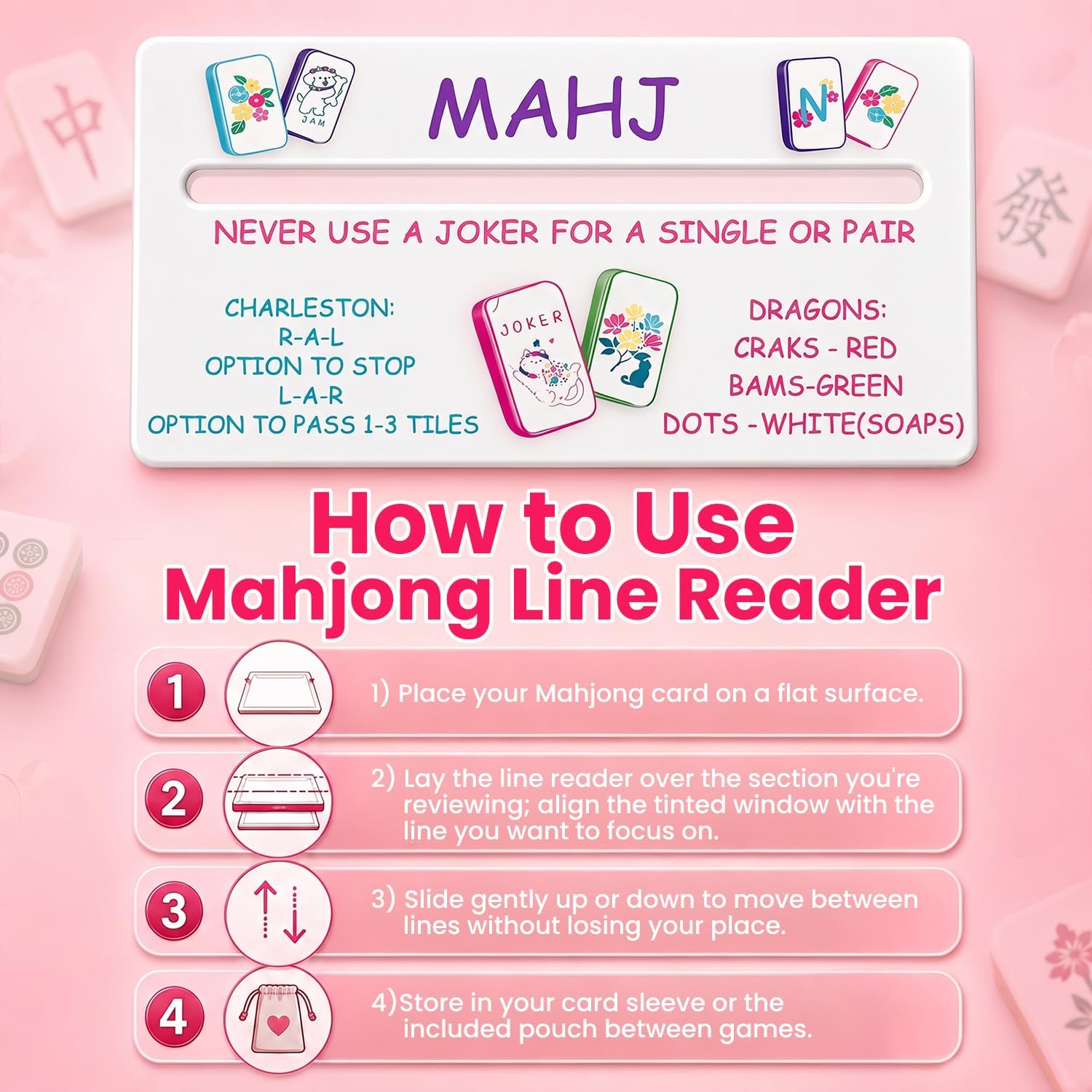 4 Pack Mahjong Line Finder,Acrylic Mahjong Line Reader with Rules | Beginner Mahjong Accessories for American Mahjong Cards,Guided Reading Tool,Strategy Helper,Mah Jongg Gifts for Women