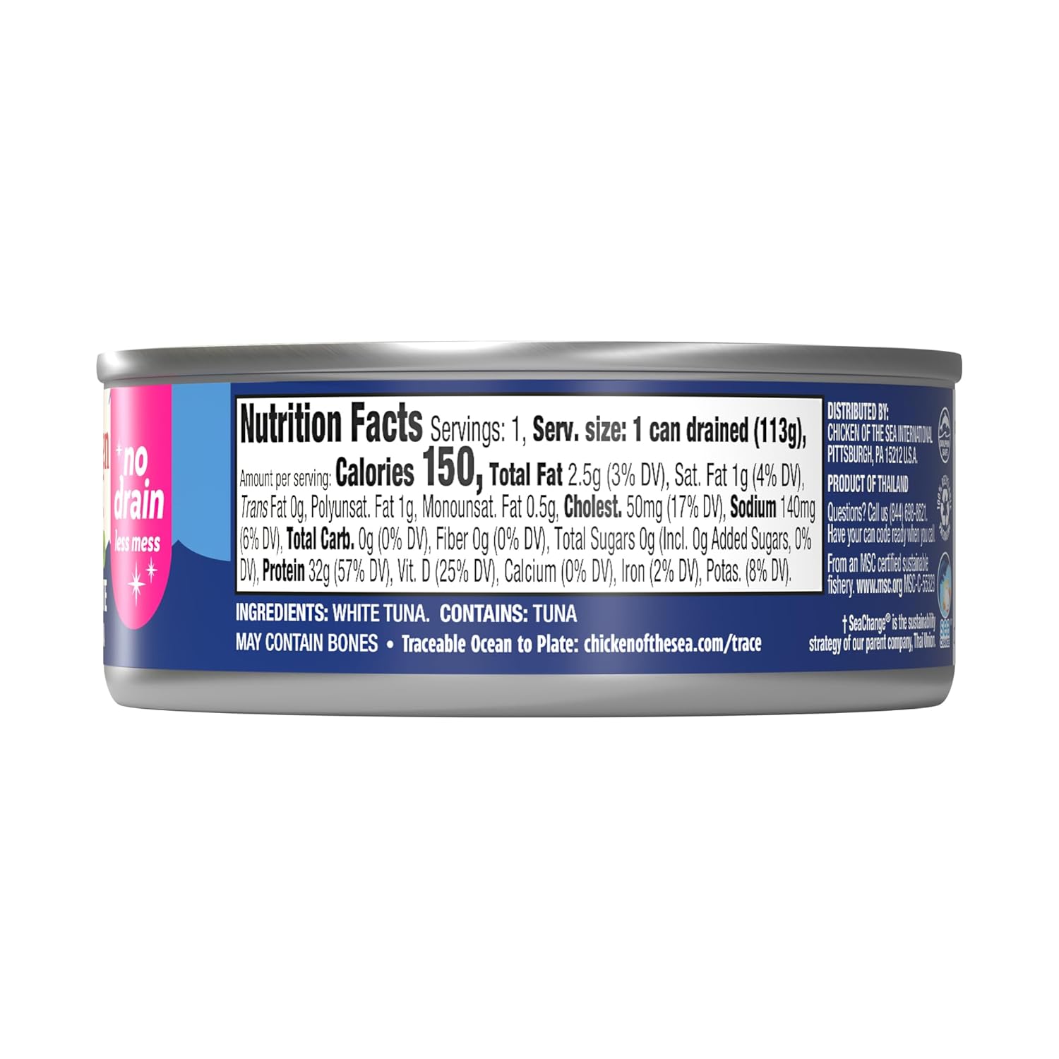 Chicken of the Sea Solid White Pure Albacore MSC Tuna, 4 oz. Cans (Pack of 24), Wild Caught Tuna, No Drain, Low Sodium