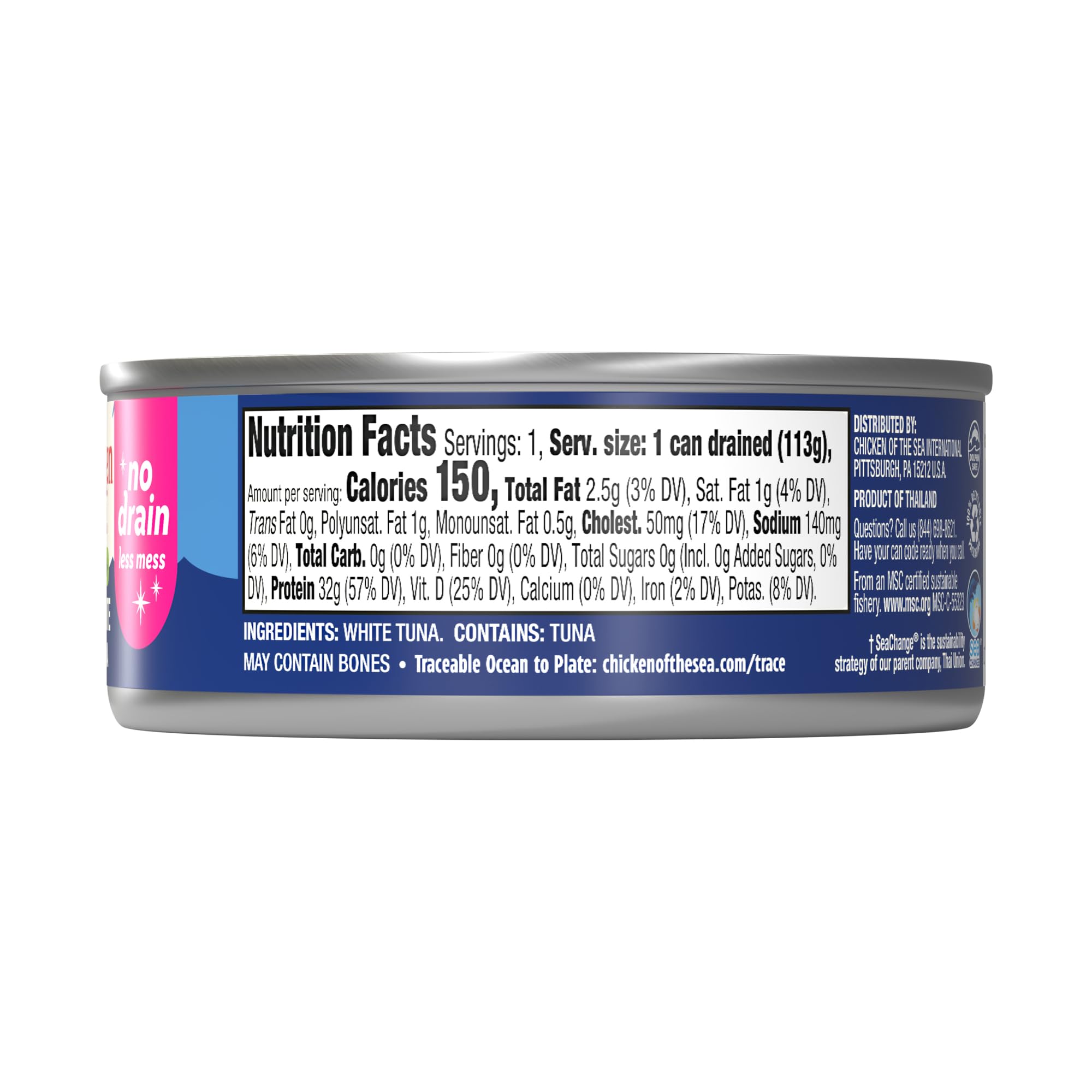 Chicken of the Sea Solid White Pure Albacore MSC Tuna, 4 oz. Cans (Pack of 24), Wild Caught Tuna, No Drain, Low Sodium