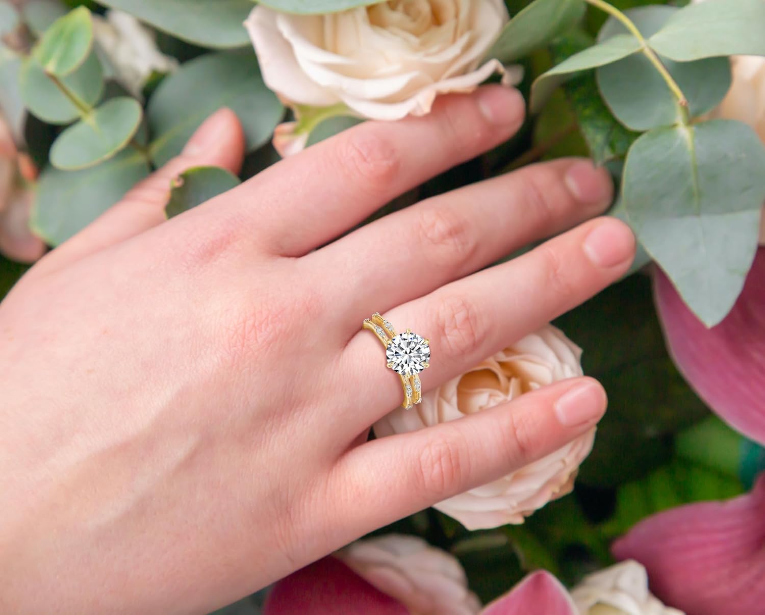 10k/14k/18k Gold Solitaire Moissanite Bridal Rings Set Round/Pear/Oval/Marquise Cut Moissanite Engagement Ring and Wedding Band Ring sets Size 4~12(Center 1/1.5/2/3 Carat D Color VVS1 Clarity)