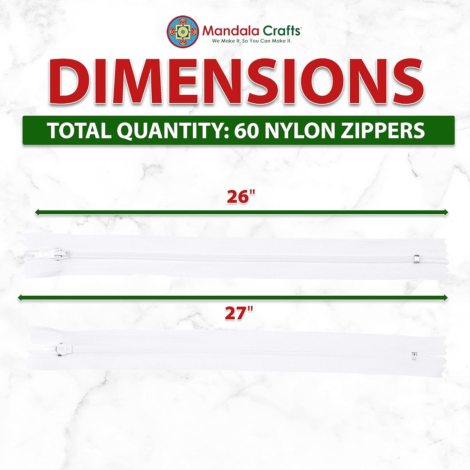 Mandala Crafts 60 PCs White Nylon Zippers for Sewing 26 Inch - Zippers Replacement Sewing Supplies in Bulk for Tailor, Clothing Repair, and DIY Projects