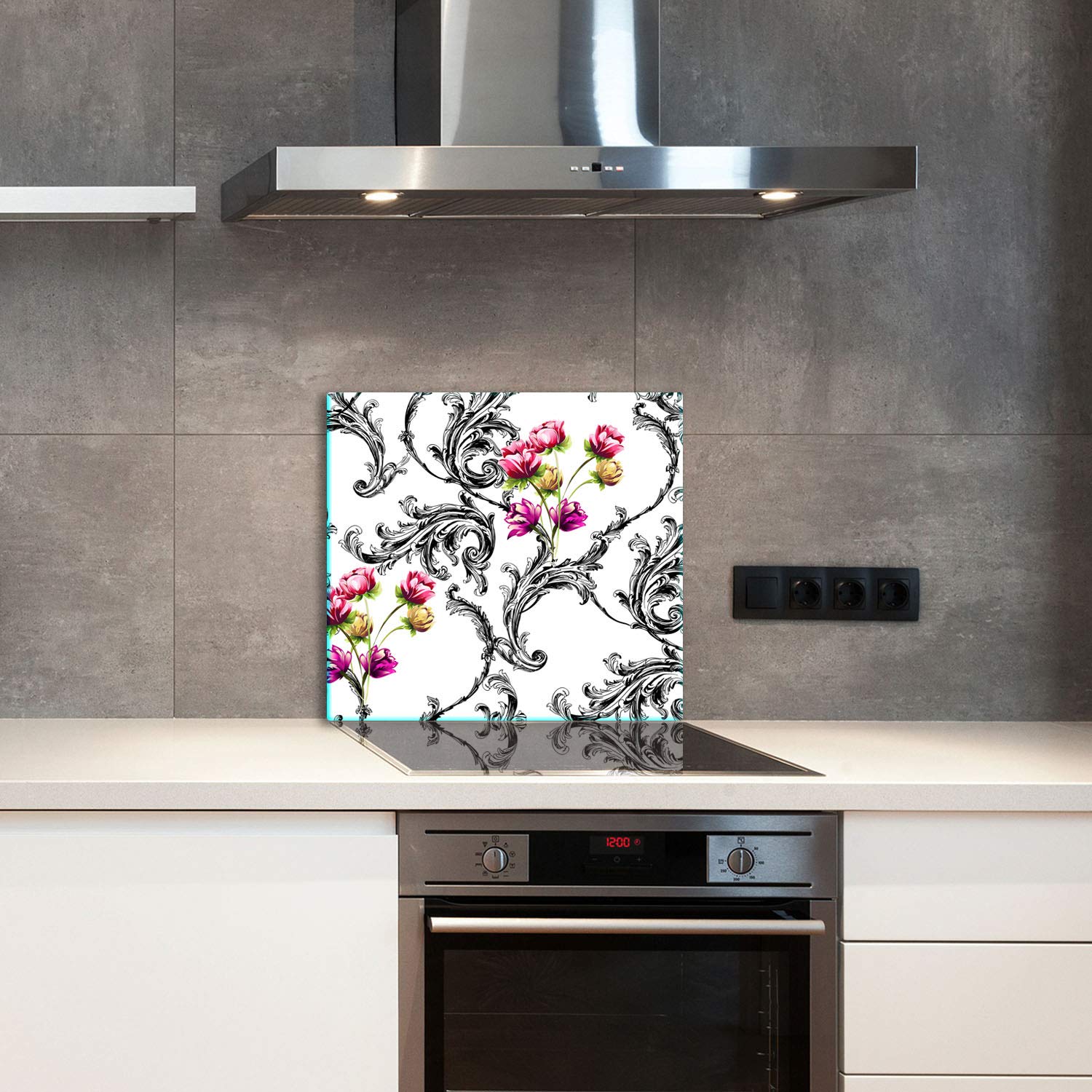 Crédence De Cuisine En Verre Trempé 65x60cm - Protection Anti-Éclaboussures Fleurs Avec Adhésif