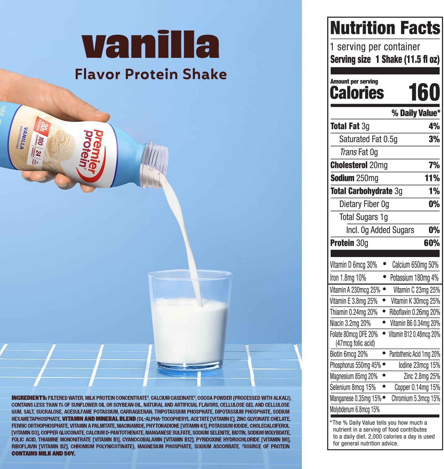 Premier Protein Shake, Vanilla, 30g Protein, No Added Sugar, 24 Vitamins & Minerals to Support Immune Health, 11.5 fl oz, 12 Pack (Packaging May Vary)