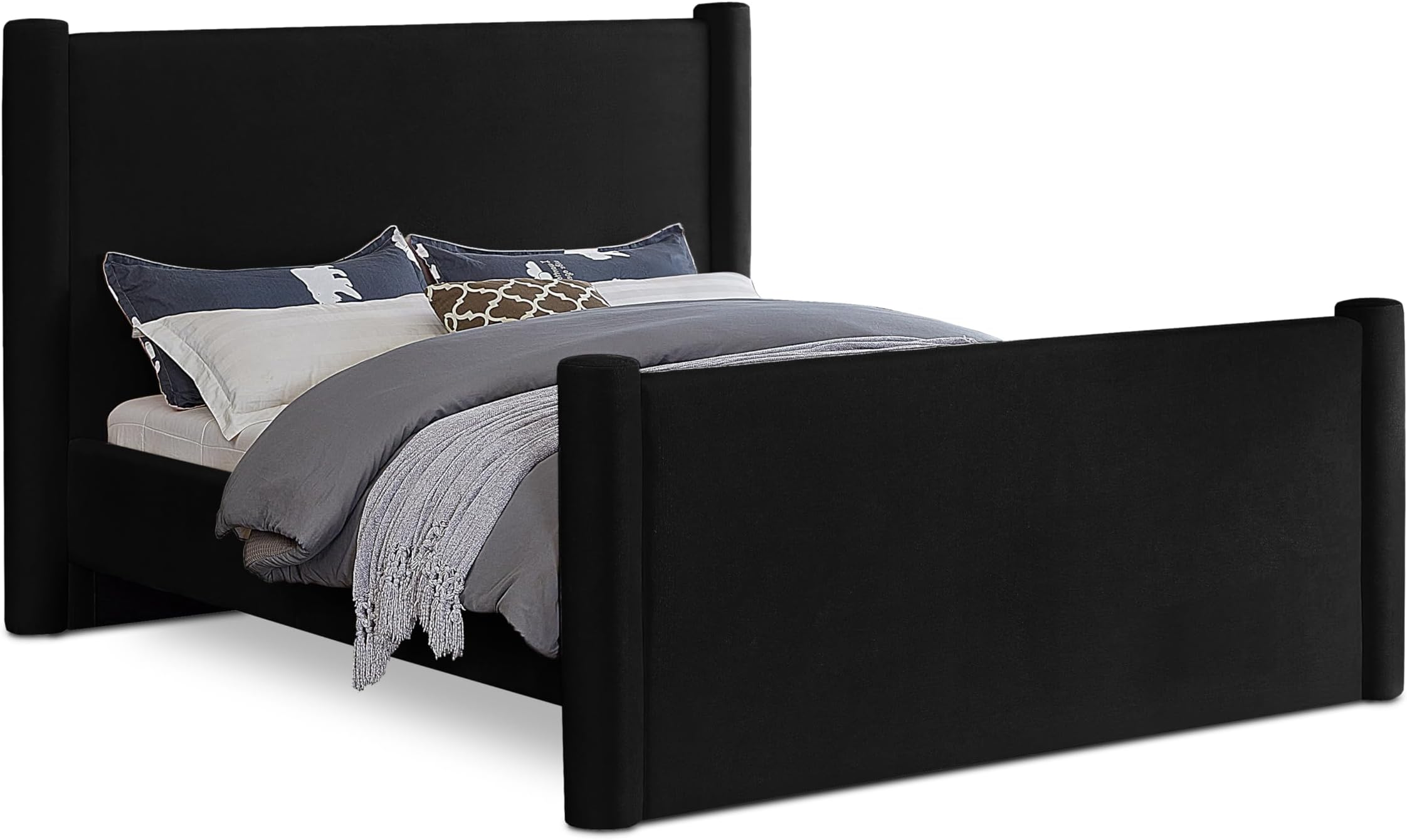Meridian FurnitureB1298Black-Q Elias Collection Modern | Contemporary Queen Bed with Soft Black Velvet, Solid Wood Inner Frame, 73.5" W x 88.5" D x 52" H, Black, Queen