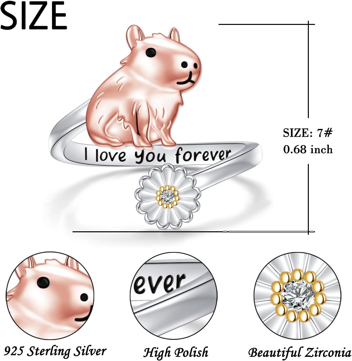 Capybara Ring 925 Sterling Silver Adjustable Cute Animal Open Rings with Daisy Capybara Jewelry Gift for Women - Image 7