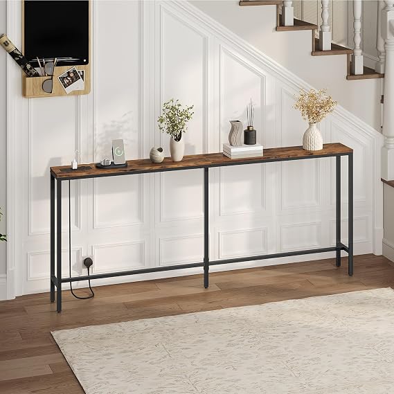 MAHANCRIS Console Table with Power Outlet, 200 cm Narrow Sofa Table, Industrial Entryway with USB Ports, Behind Couch Table for Entryway, Hallway, Foyer, Living Room, Rustic Brown ACTHR20KE01