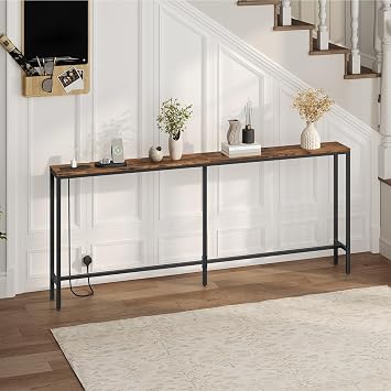 MAHANCRIS Console Table with Power Outlet, 200 cm Narrow Sofa Table, Industrial Entryway with USB Ports, Behind Couch Table for Entryway, Hallway, Foyer, Living Room, Rustic Brown ACTHR20KE01