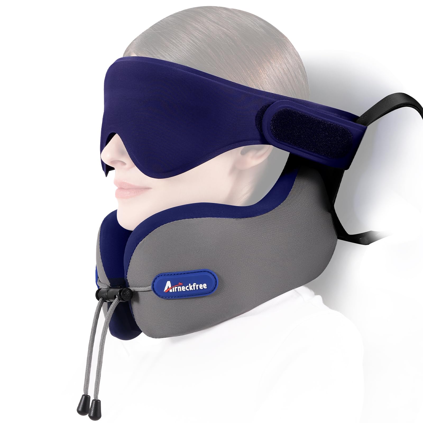 Cuscino da Viaggio per Aereo con Maschera 3D Travel Pillow | Con Cinturino per Sedile, Supporto per Testa e Collo, Schiuma Memory Confortevole per Aereo, Auto e Treno, Grigio