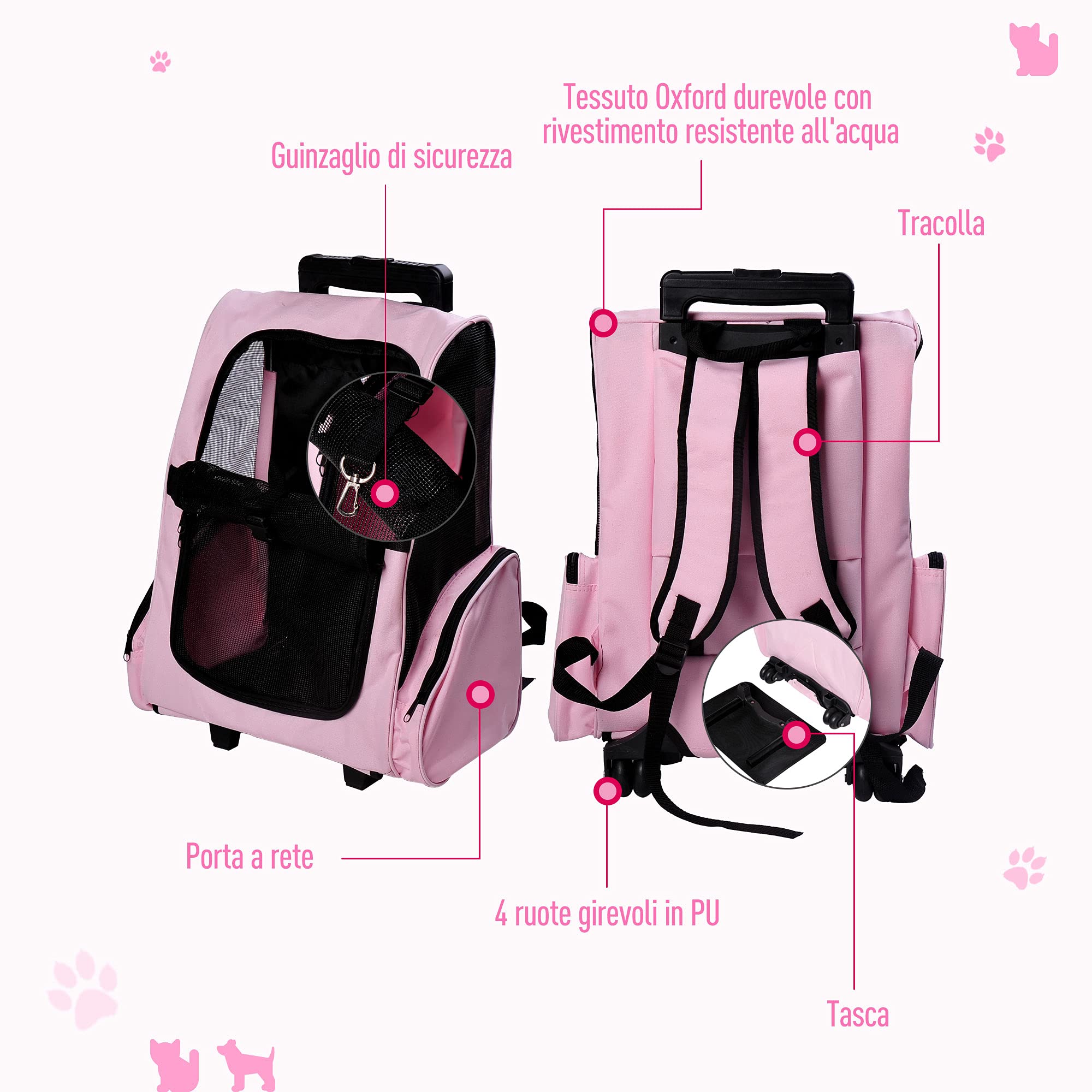 PawHut Trasportino Zaino 2 in 1 per Cani e Gatti, 42x25x55cm, Rosa
