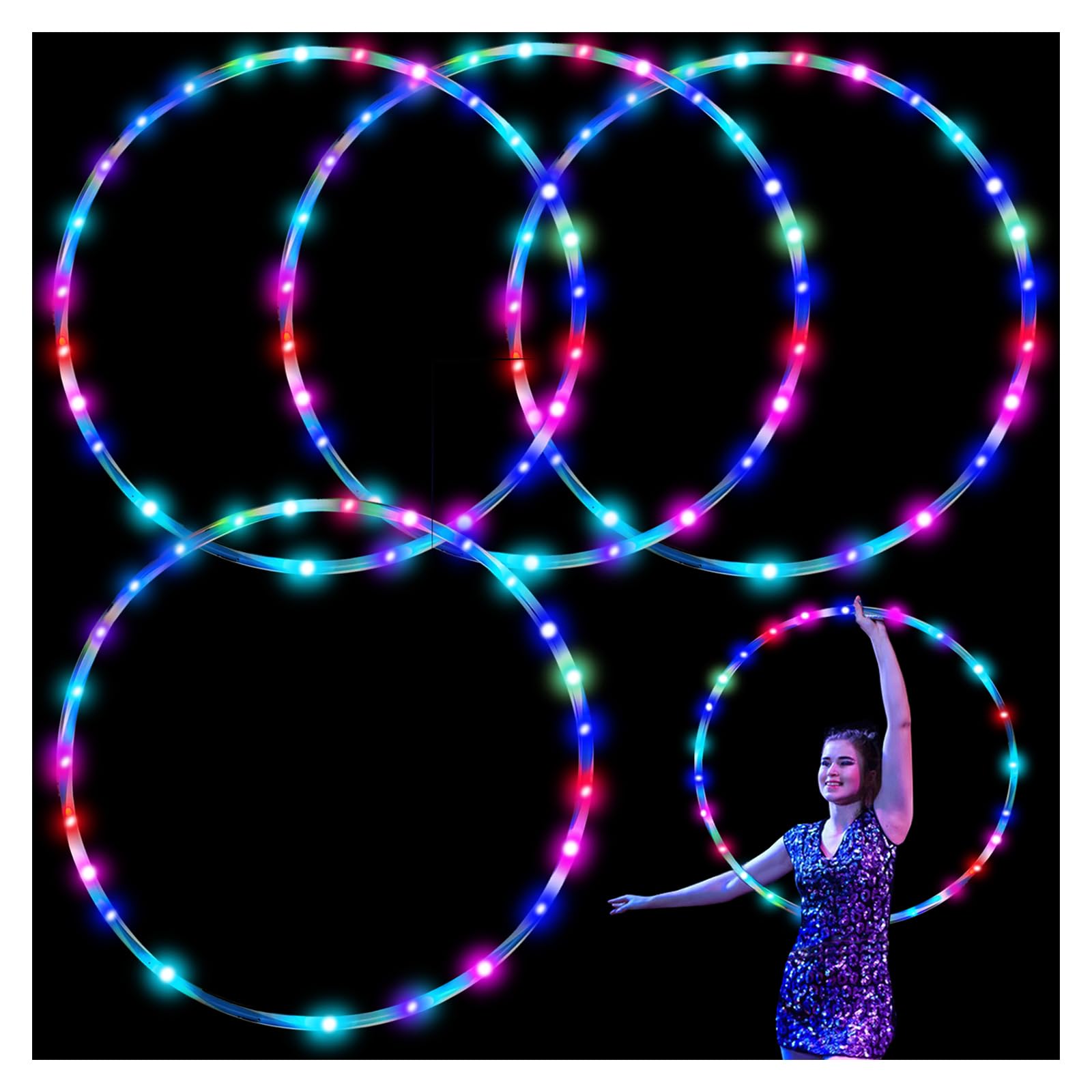 4Pack LED Hoop Dance Exercise Light Up Hoop for Kids Adults Children, 36in24in Fitness Equipment Weight Loss Auto Color Changing Strobe Glow Light