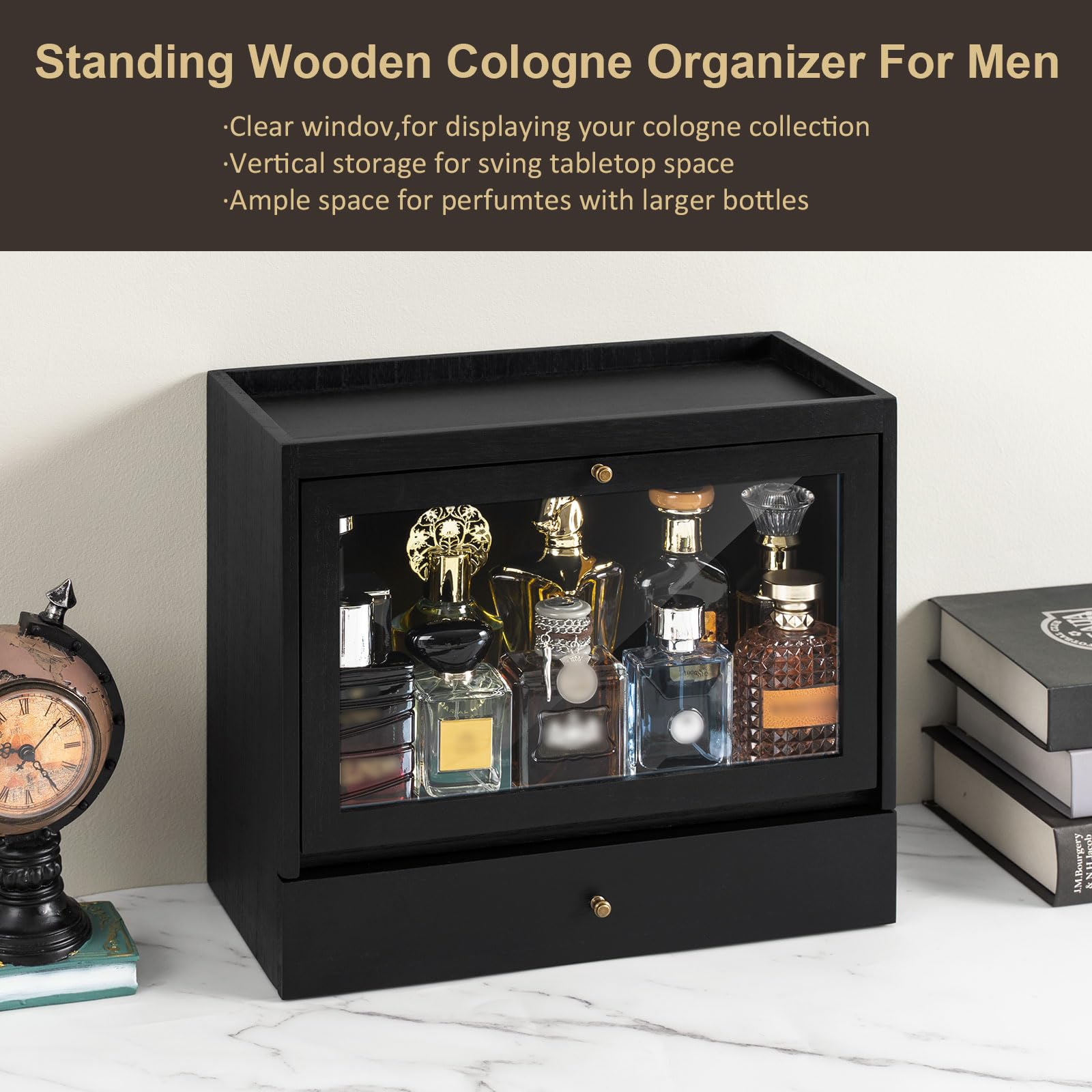 Organizador de perfumes para hombres y mujeres, organizador de perfumes de madera con cajón, gran capacidad, protección contra el polvo, para perfumes, cosméticos y joyas en el tocador (negro)