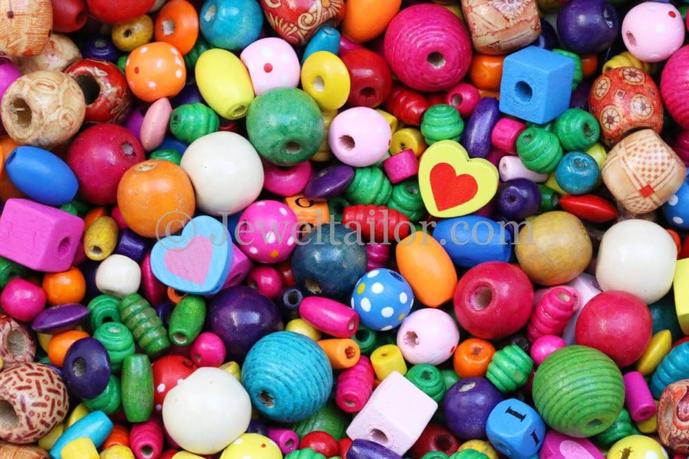 JEWELTAILOR Bumper Pack Of 300 Mixed Large Hole Children's Coloured Wooden Beads 4-45mm NOW with Elastic & FREE Guide ~ Ideal For Craft Activities & Parties