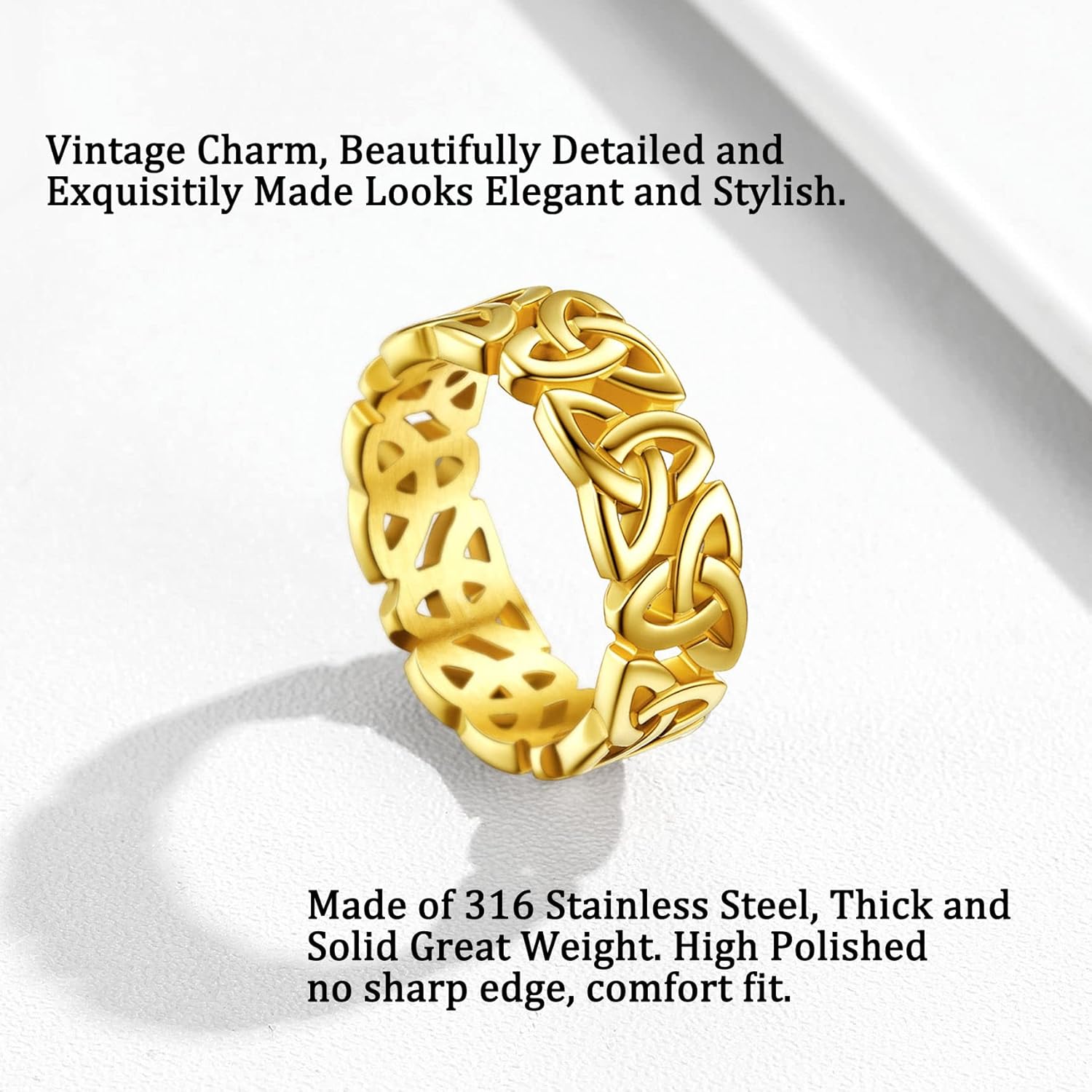 Bestyle Celtic Knot Band Rings for Men Women, Stainless Steel Irish Finger Ring Viking Wedding Bands Jewelry Gift Wedding Promise (14-Gold-Style03) - Image 6