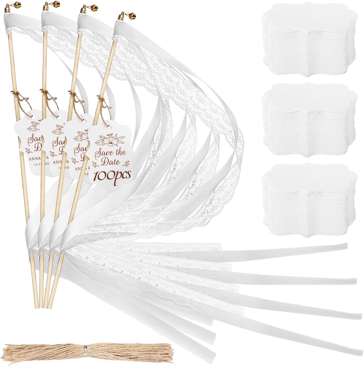 100 Set Wedding Wands Streamers with Bells, 100 PCS Wedding Send Off Ribbon Streamers Sticks and 100 Favor Tags, Wedding Send Off Items Party Favors Streamers Party Celebration Decorations