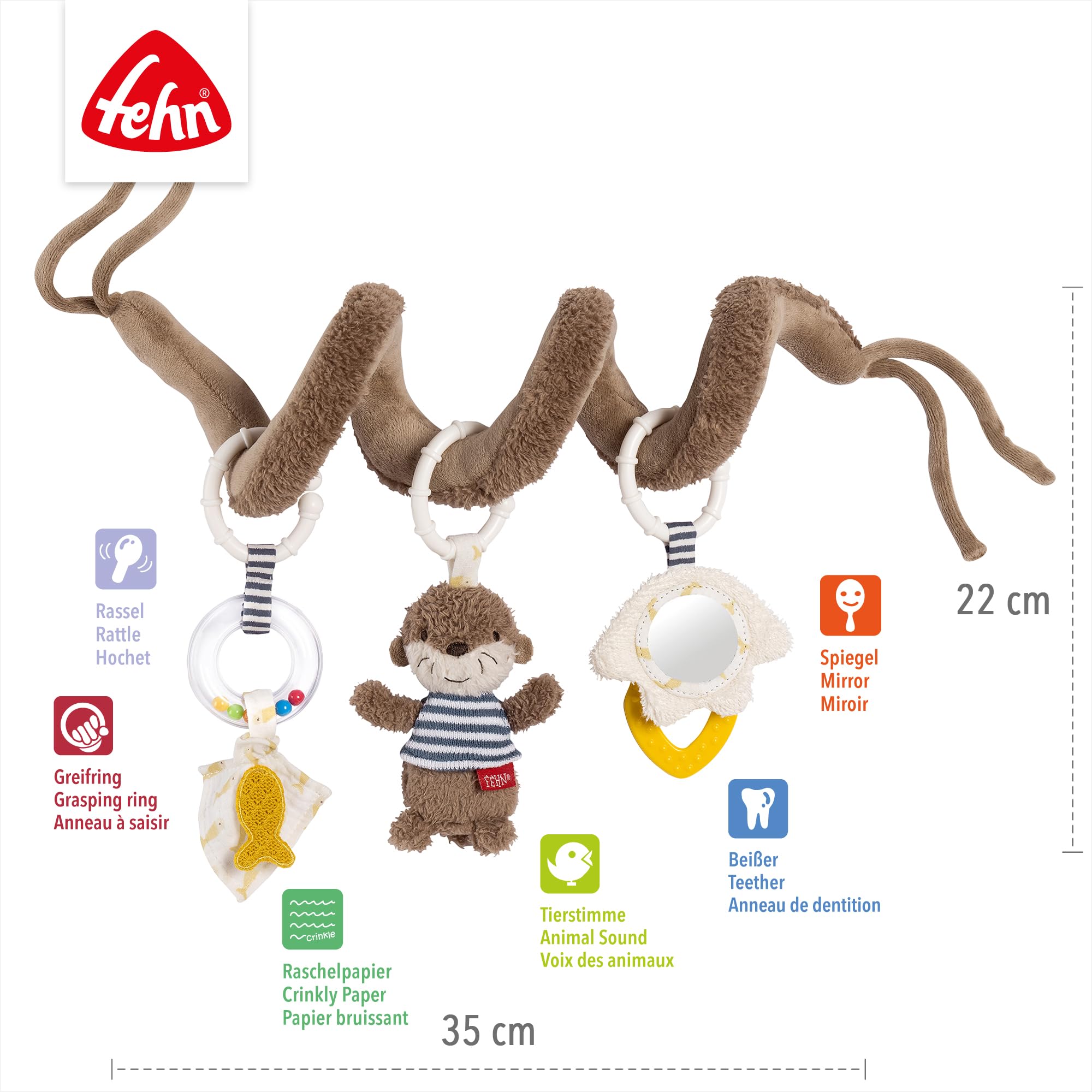 Fehn Spirala Activity Otter – spirala z materiału z funkcjami uczenia się do chwytania, odczuwania, zabawy – wspomaga chwytanie, zmysł dotyku i motorykę – do domu i w podróży, dla niemowląt od, Wydra
