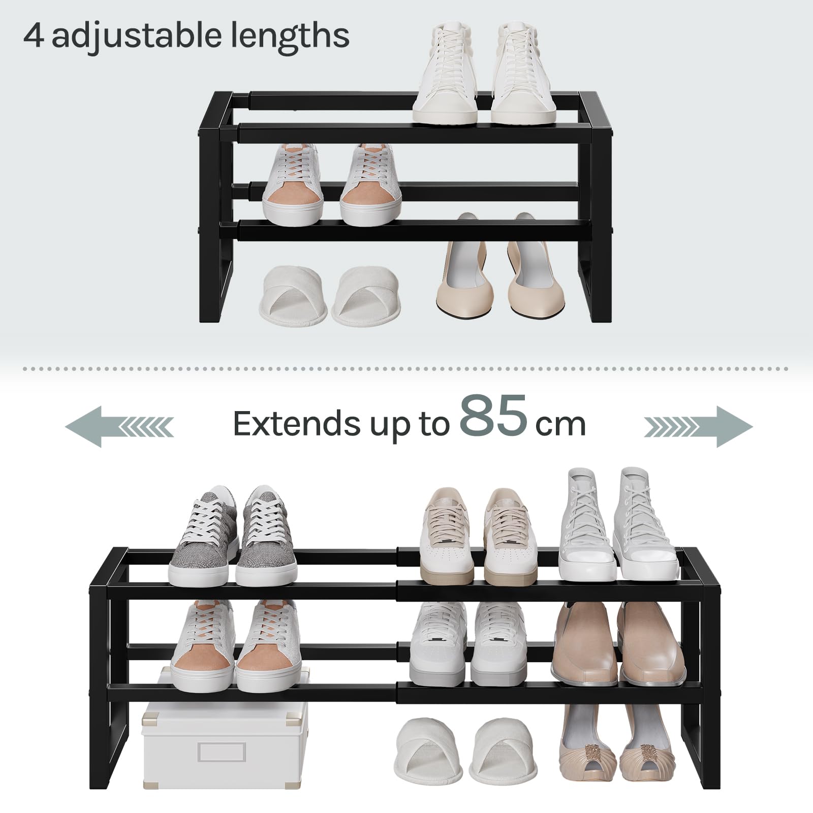 WOLTU Schuhregal mit 2 Ebenen, Schuhablage ausziehbar, Schuhständer aus Metall, Regal für Schuhaufbewahrung, Schuhorganizer platzsparend, für Schlafzimmer Wohnzimmer Flur, Schwarz