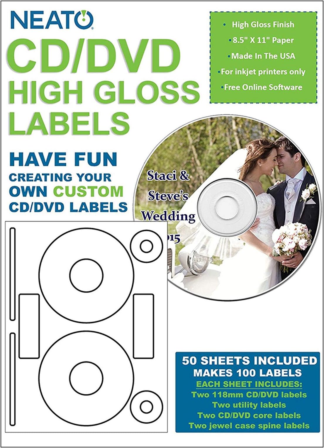 Neato CD/DVD High Gloss Labels – 50 Sheets – Makes 100 Labels Total - Online Design Label Studio Included