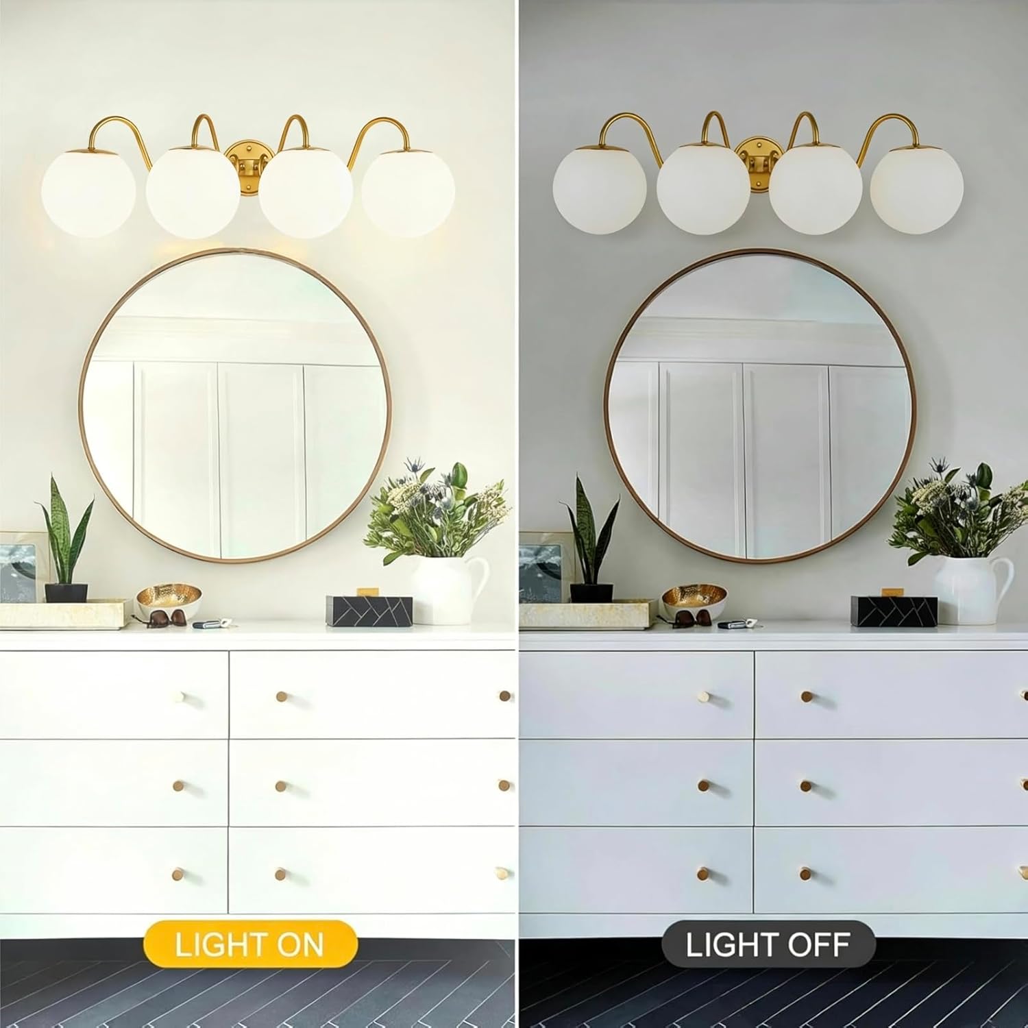 4 Lights Vintage Bathroom Vanity Light Fixtures Over Mirror, Brushed Gold Vanity Lights For Bathroom With Milk White Glass Globe Shade, Wall Lights For Bedroom, Hallway, Dressing Table(G9 Incl.)
