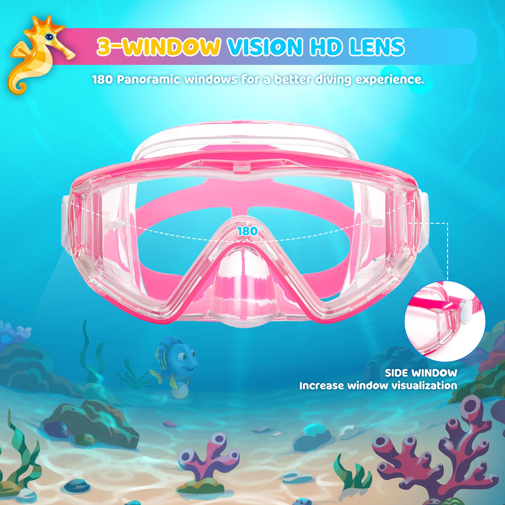 Kids Swim Mask - 180° Anti-Fog Swim Goggles for Child Snorkeling Diving Mask Leak-Proof Kids Goggles with Nose Cover for Youth Boys & Girls Ages 4-14, Shatter-Resistant PC Lens (Bright Pink)