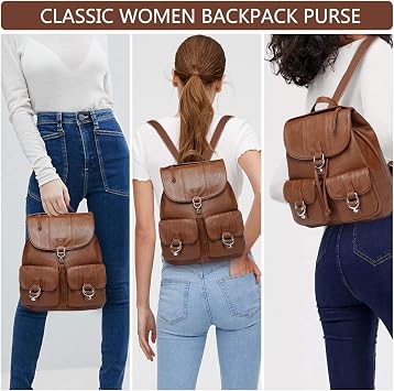 VASCHY Mini Backpack Purse for Women, Fashion Faux Leather Buckle Flap Drawstring Backpack for College with Two Front Pockets Brown