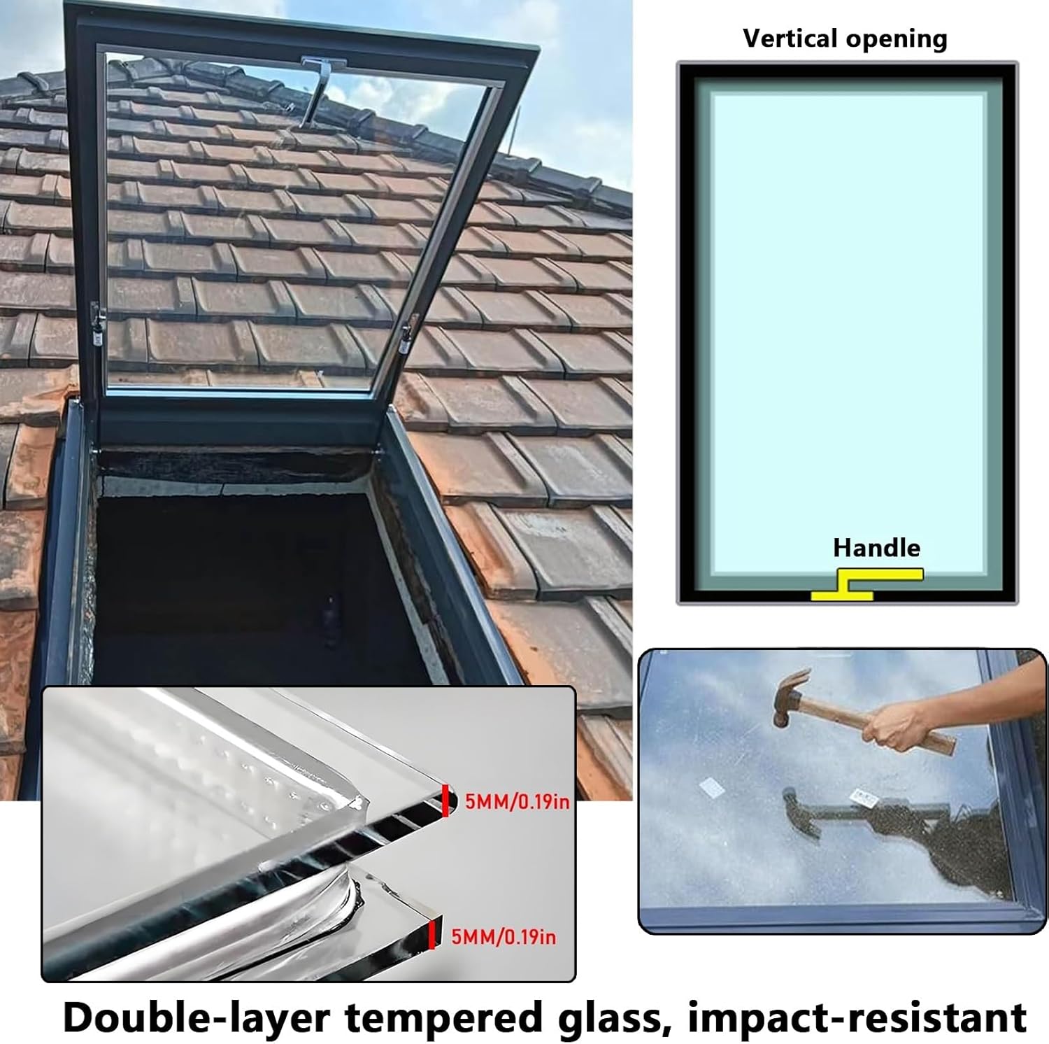 Skylight House Roof Window, Customized Aluminum Alloy Attic Skylight Lids, Roof Hatch Rainproof Roof Skylight Maintenance Hatch, Tempered Glass Rainproof Egress Window Well Cover(LxW 50x70cm/19