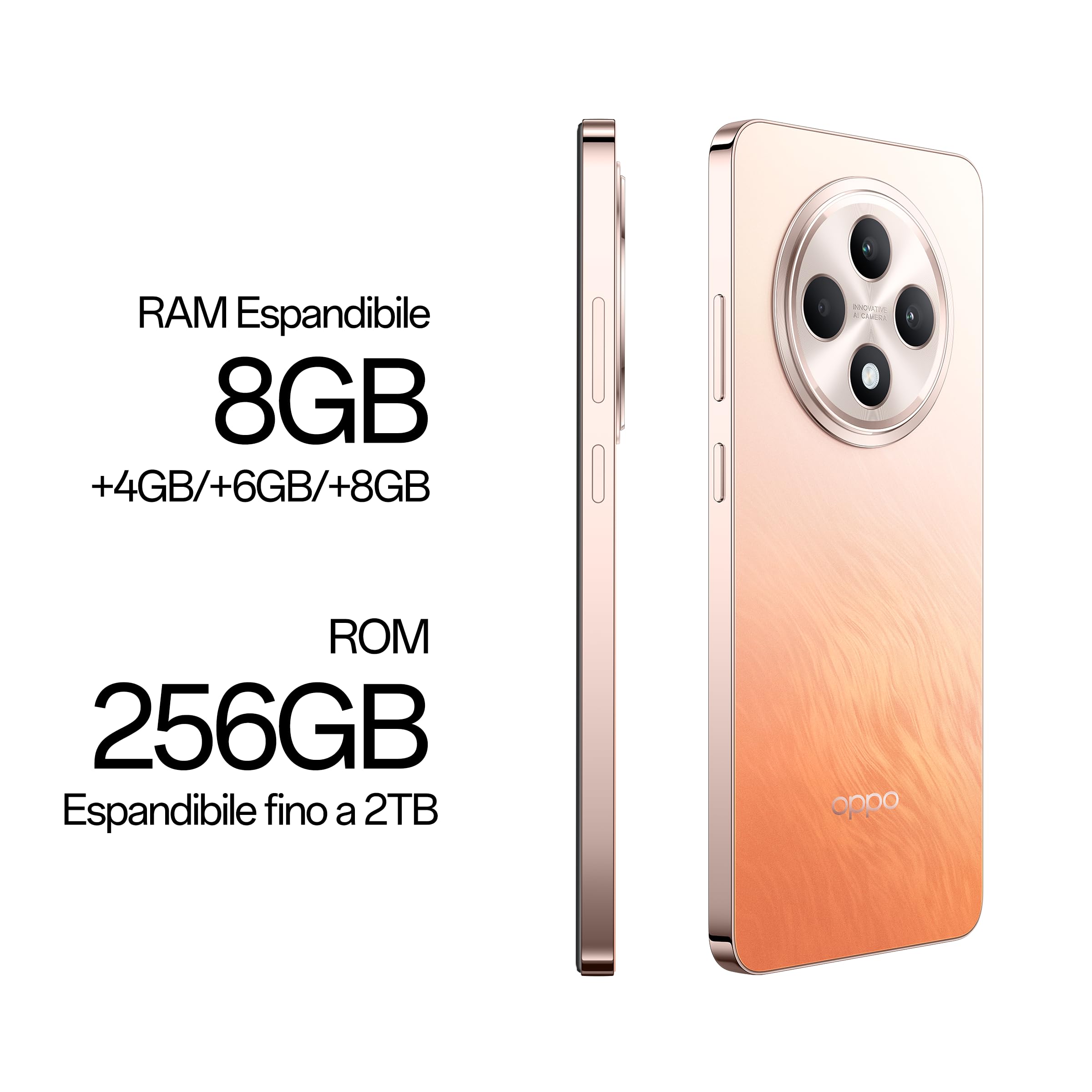 OPPO Reno12 F 4G AI Smartphone, Tripla fotocamera 50+8+2MP, Selfie 32MP, Display 6.67” 120HZ AMOLED FHD+, 5000mAh, RAM 8GB(Esp4GB/6GB/8GB)+ROM 256GB, Supporto Auto [Versione Italia], Amber Orange