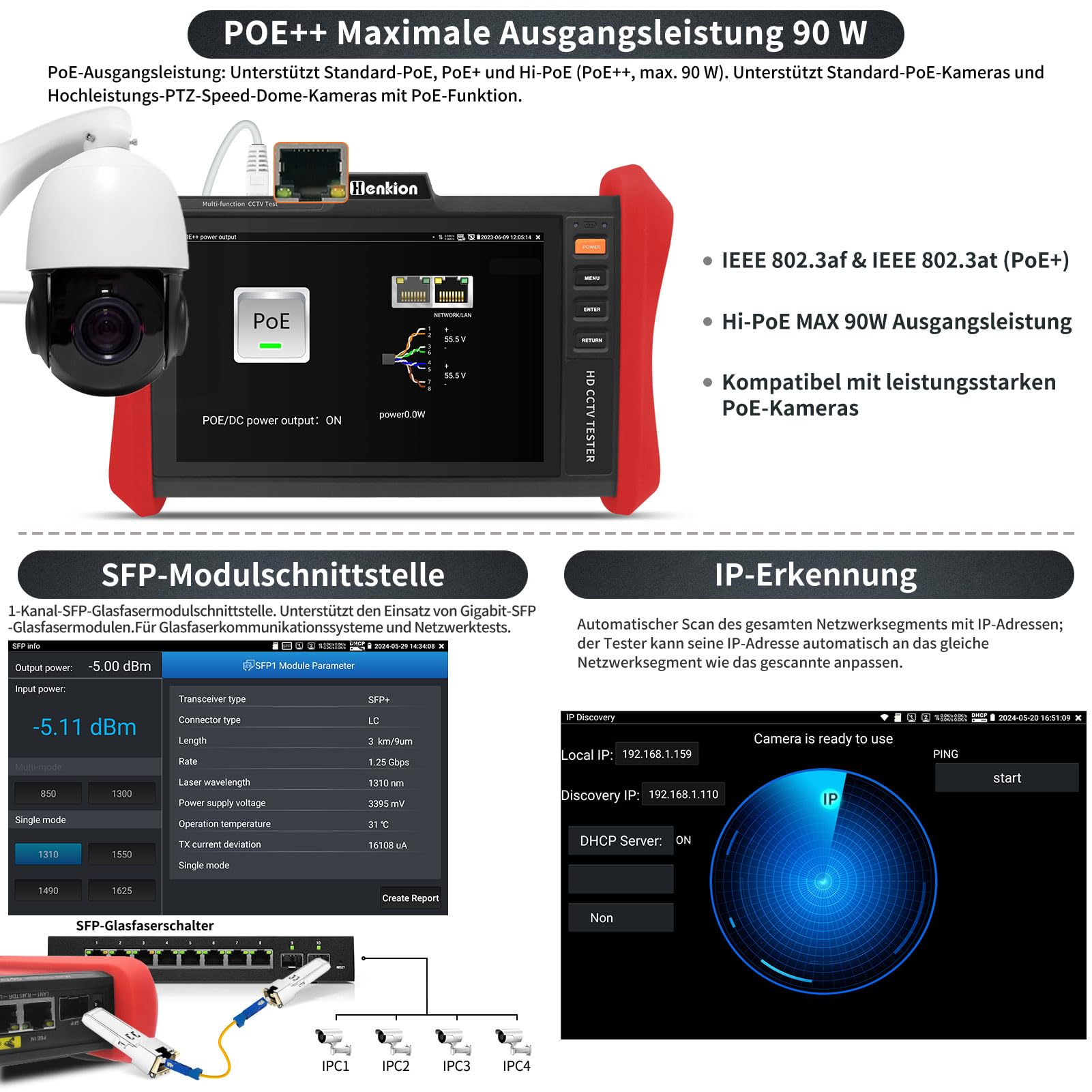 Henkion CCTV-Tester Monitor 4K 12MP ip kamera tester POE++ Max. 90W POE-Kameratest 8" 1920x1200 IPS-Touchscreen 1CH SFP-Modul WLAN-Netzwerk-Tools Kabeltest POE-Erkennung Energiemanagement App-Updates