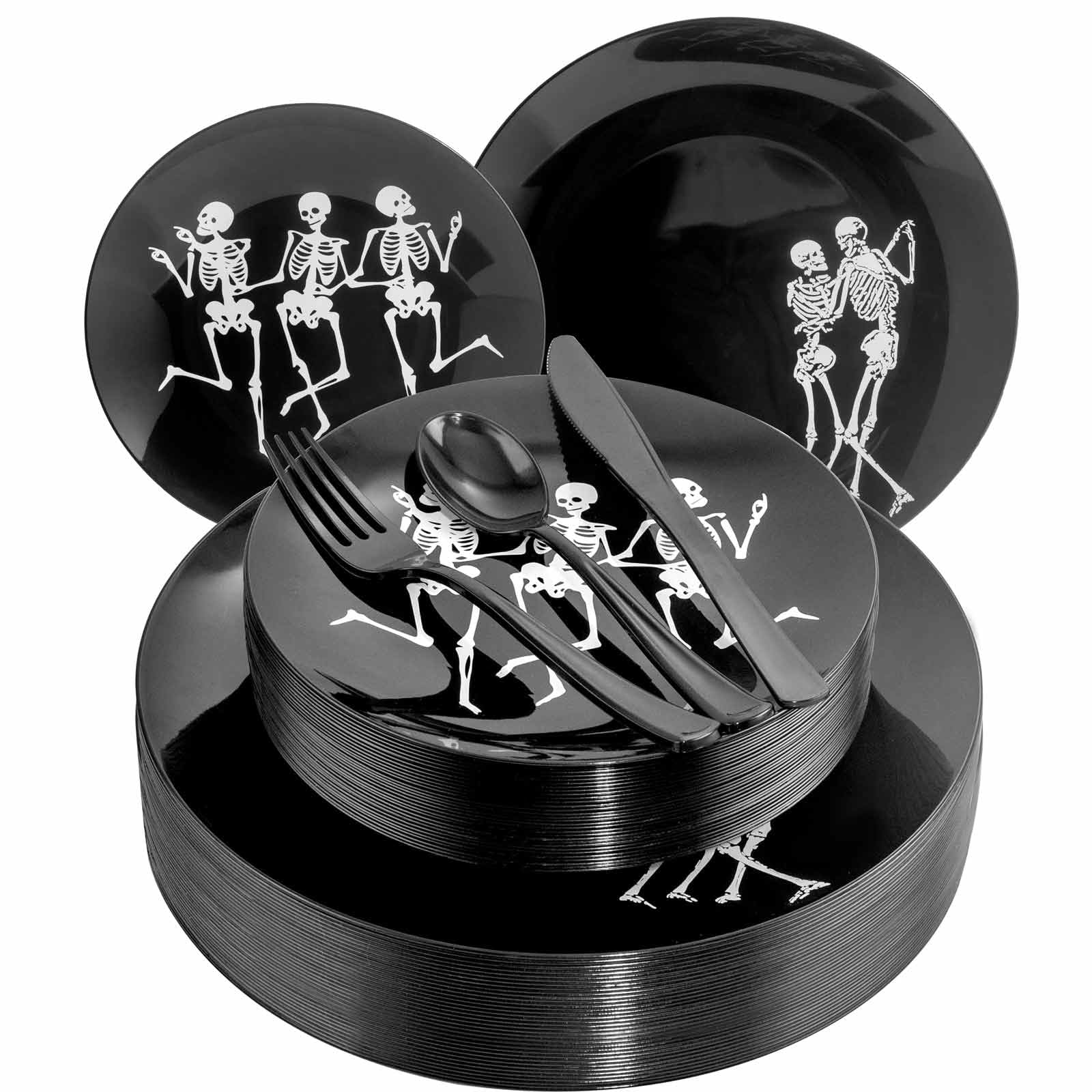 Hioasis 125pcs Halloween Plastic Plates,Black Plastic Plates Disposable with Skeleton Pattern Include 25 Dinner Plates,25 Dessert Plates,25 Knives,25 Forks,25 Spoons Perfect for Halloween Party