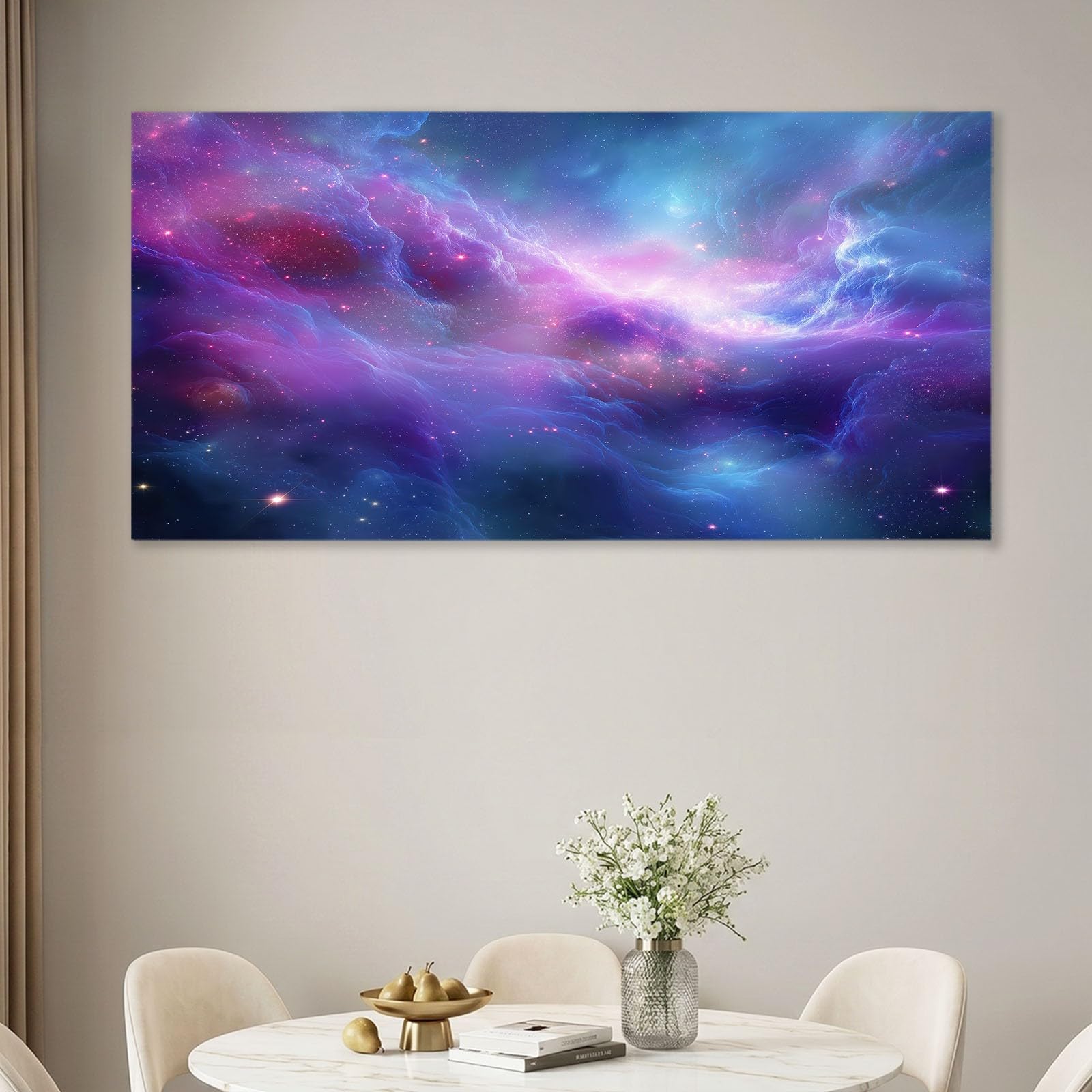 Stampe su tela da parete, 120 x 60 cm, motivo: nebulosa viola, cielo stellato, universo, decorazione da parete per camera da letto, soggiorno, corridoio o ingresso