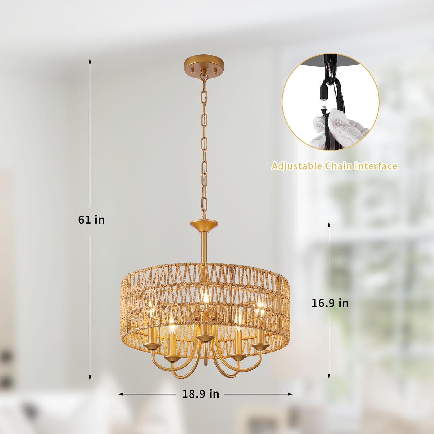 5-Light Boho Large Rattan Chandelier Light Fixture, Gold Rattan Chandeliers for Dining Room with Hand Woven Shade, Farmhouse Rustic Drum Hanging Pendant Light Fixture for Living Room, Hallway, Foyer