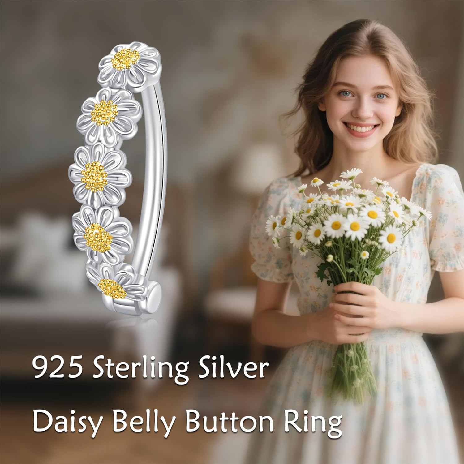 Daisy Belly Button Ring 925 Sterling Silver 16G Daisy Hoop Belly Button Piercing Body Navel Rings Flower Jewelry Gifts for Women - Image 5