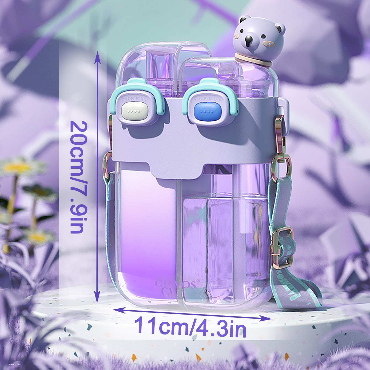 TourKing 26oz Kawaii Water Bottle With Strap, Split Cups For Drinks Dual Compartment, Double-Sided Leakproof Design, Fountain Straw & Portable For Travel Sports (Purple) (purple) - Image 7