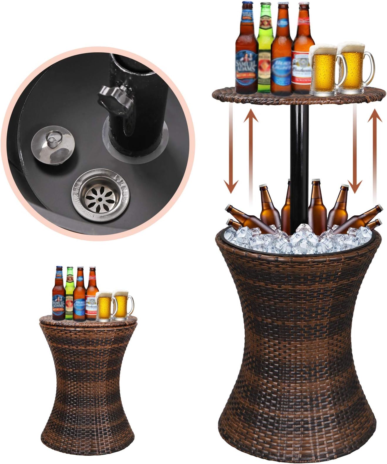 SUPER DEAL All-Weather 5.5 Gallon Table Designed Cooler Rattan Style Height Adjustable Wicker Bar Table with Ice Bucket for Patio Party Deck Poolside Use