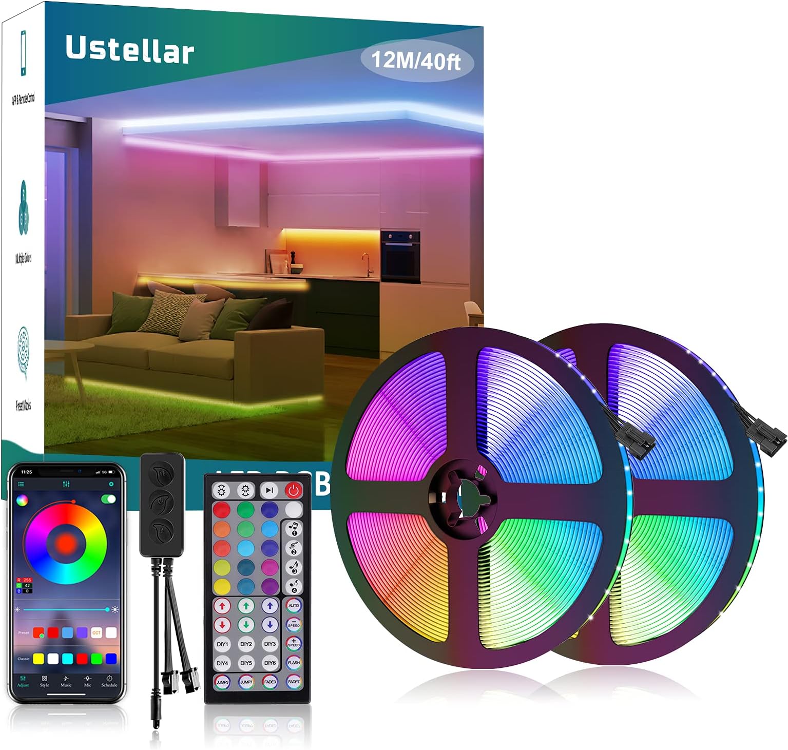 Ustellar 40ft Smart RGB LED Strip Lights, Color Changing LED Lights Strip with App, 44 Key IR Remote, Control Box, Bright 5050 LEDs, Music Sync Tape Lights for Bedroom, Living Room, Kitchen, Party