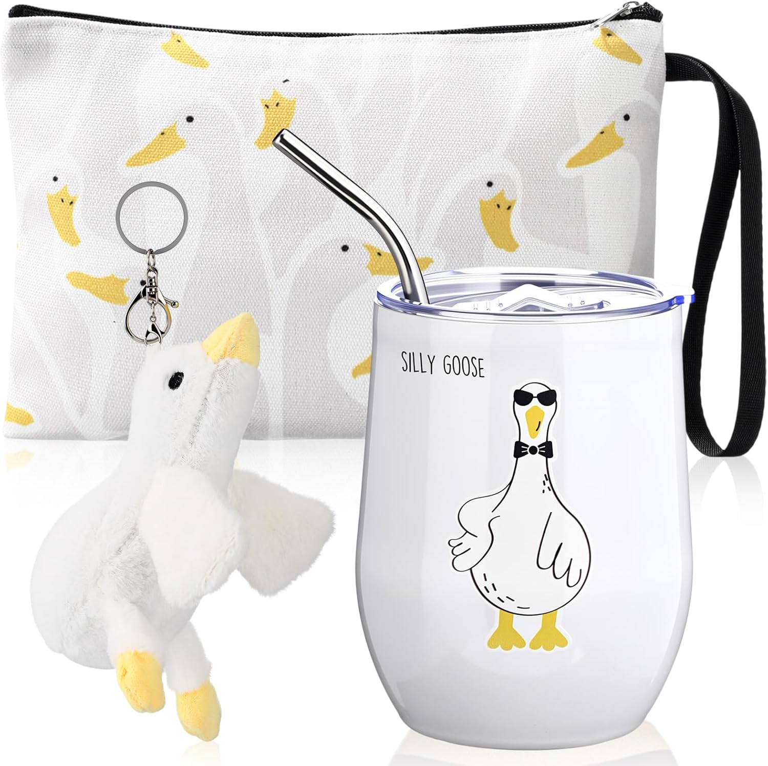 Maxcheck 3 Pcs Silly Goose Gifts for Women Coworker 12 oz Tumbler with Lid Straw Cosmetic Bag Goose Stuffed Plush Keychain Employee Appreciation Gifts for Animal Lovers Family