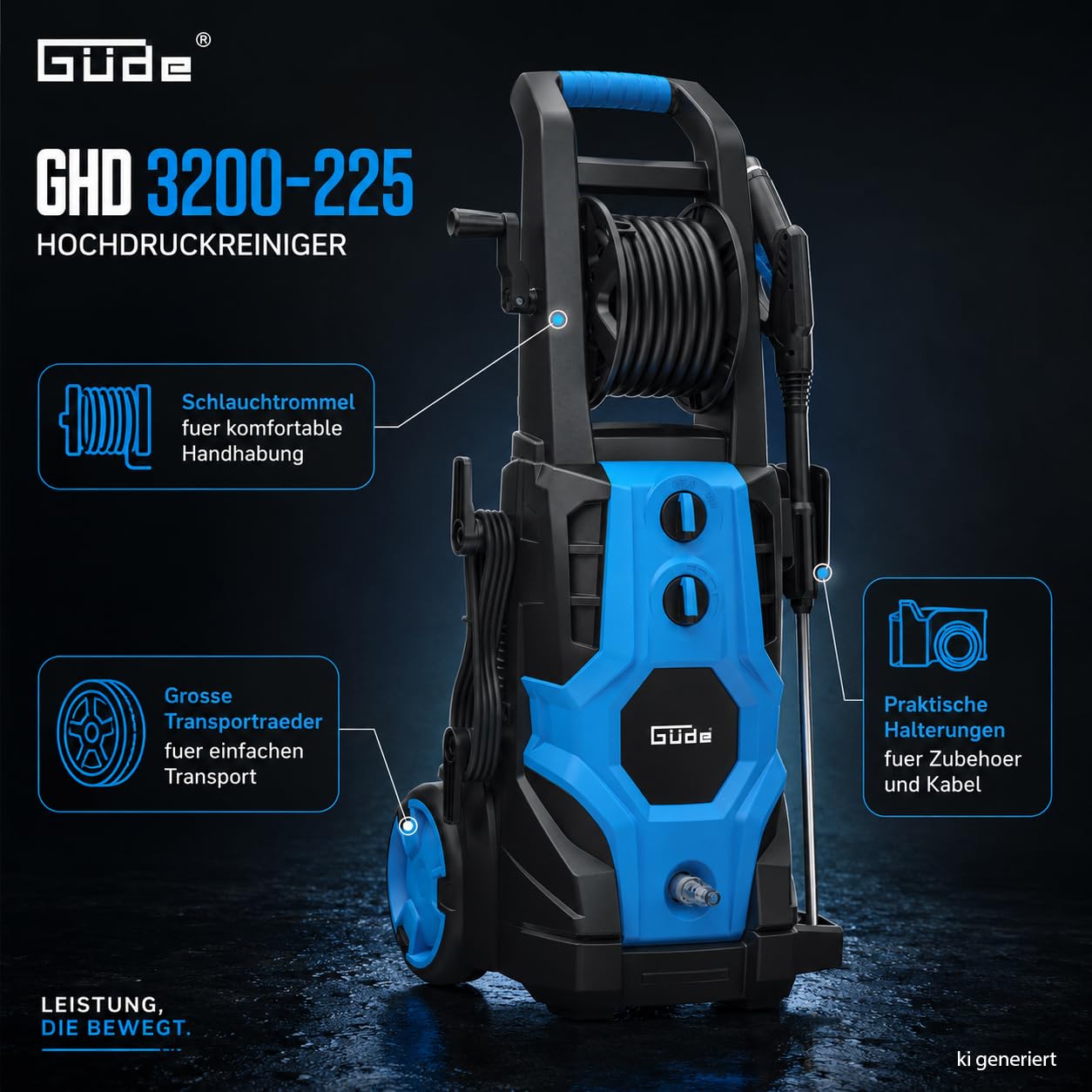 Güde Lavadora de Alta presión GHD 3200-225 (230 V, 3200 W, 225 Bar máx. presión, 540 l/h máx. de elevación., Manguera y Tambor HD de 6 m, Pistola HD con 4 boquillas, ensuciador, Cepillo Triangular y