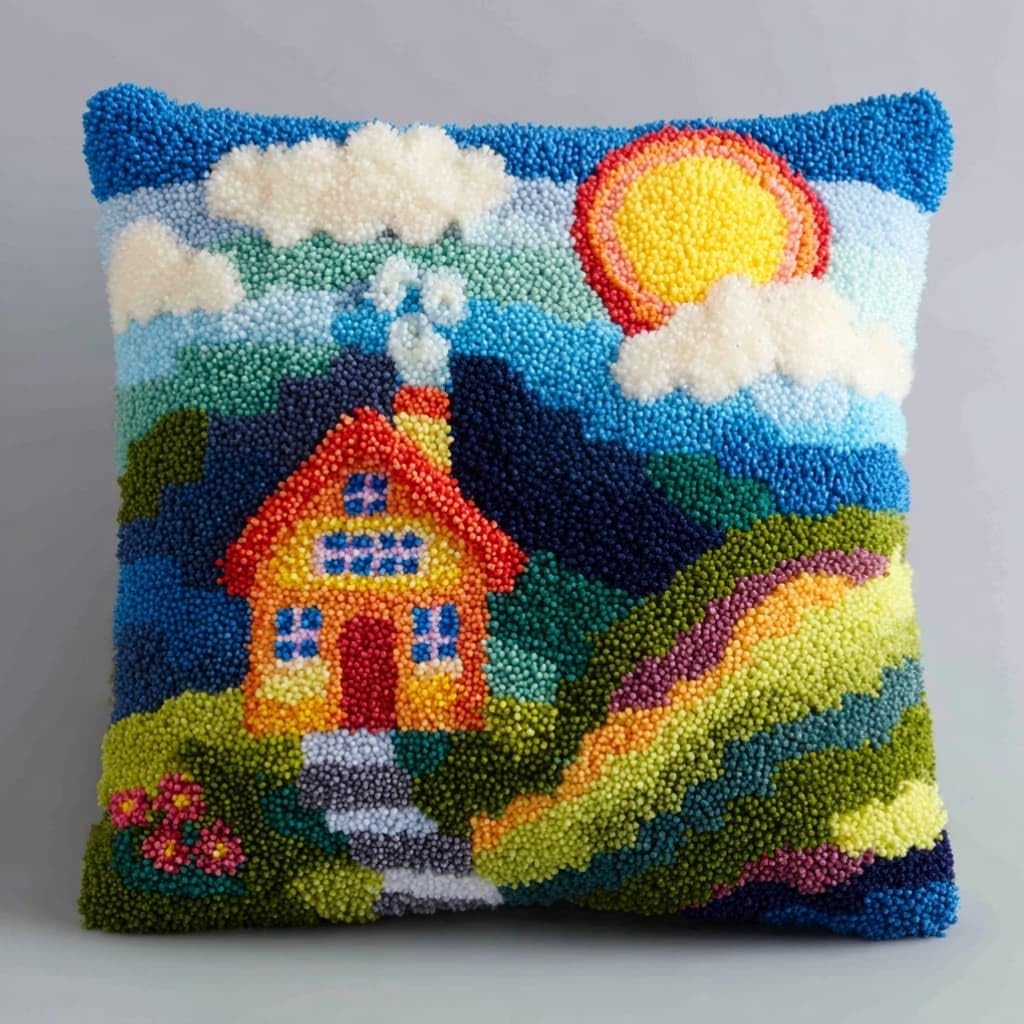 Taxpy Latch Hook Cushion Kits Houses Pillowcase Kits Embroidery Kit 17X17 Inch DIY Needlework Pillow Cover Sofa Cushion Rug Making