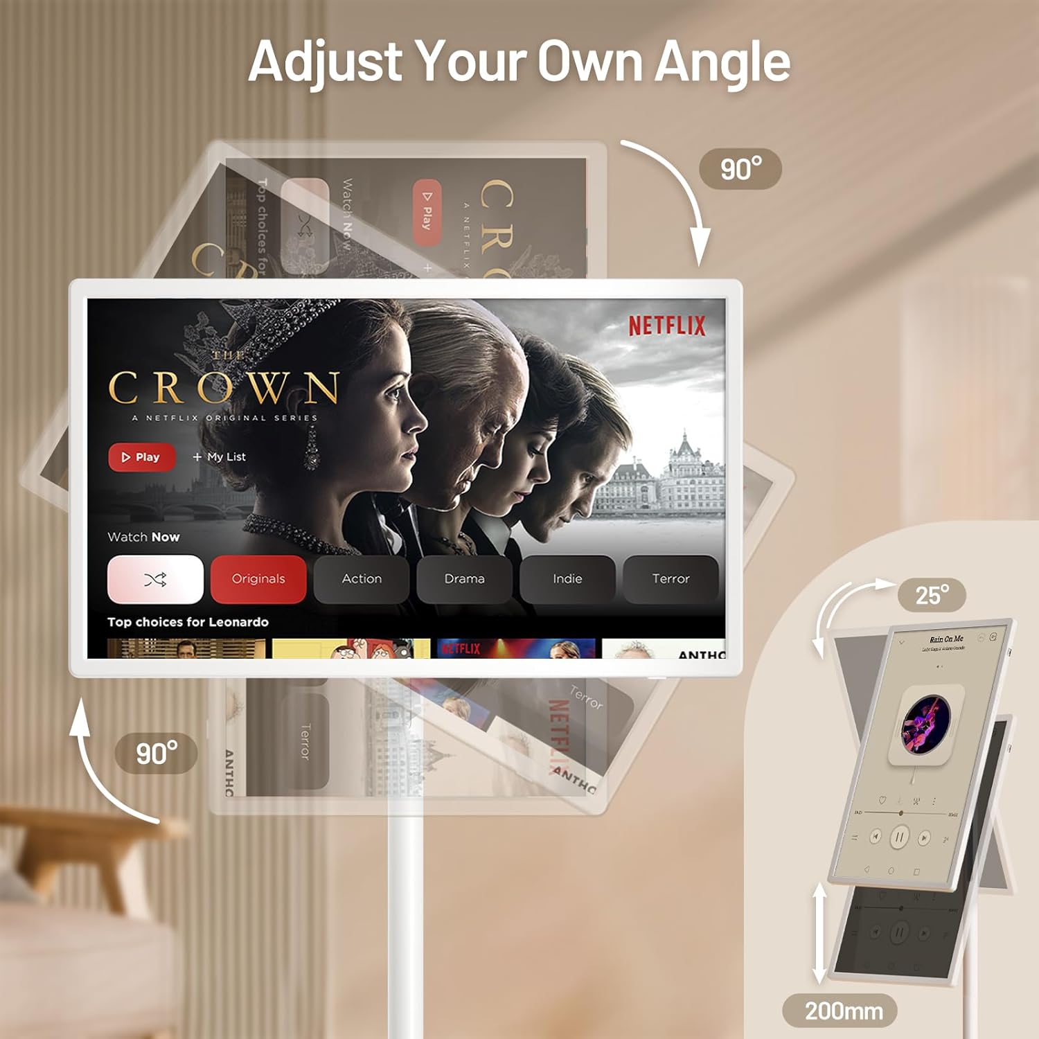 Image showing the KEFEYA portable TV screen being adjusted to different angles and orientations, including 90-degree rotation, tilt, and height adjustment.