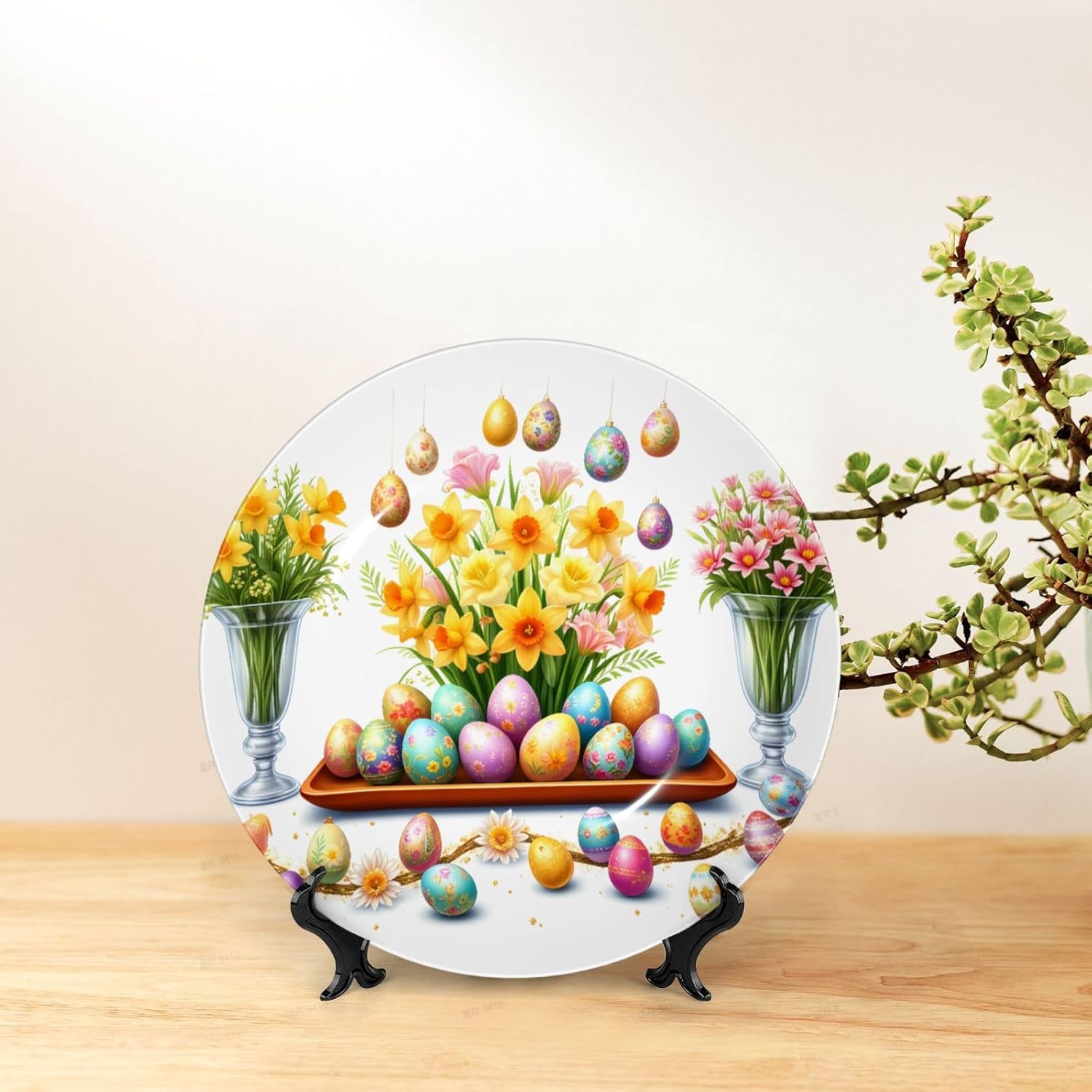 Easter Egg Wreath Celebration Style Ceramic Plate Display Decorative Plate With Stand Wall Hanging Plate For Home Decor 10 Inch