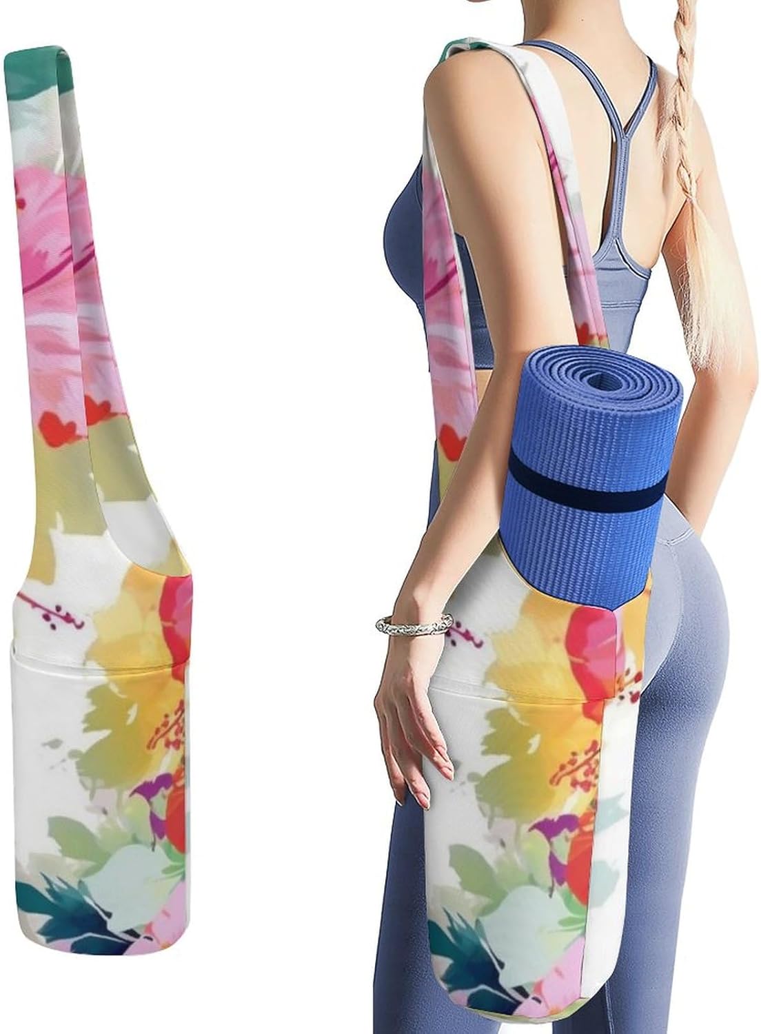 Canvas Yoga Bag,Hawaiian Flower Print Printed Yoga Mat Handbag,Portable Yoga Mat Bag Large Capacity Gym Bag for Men Women Pilates Beach Travel