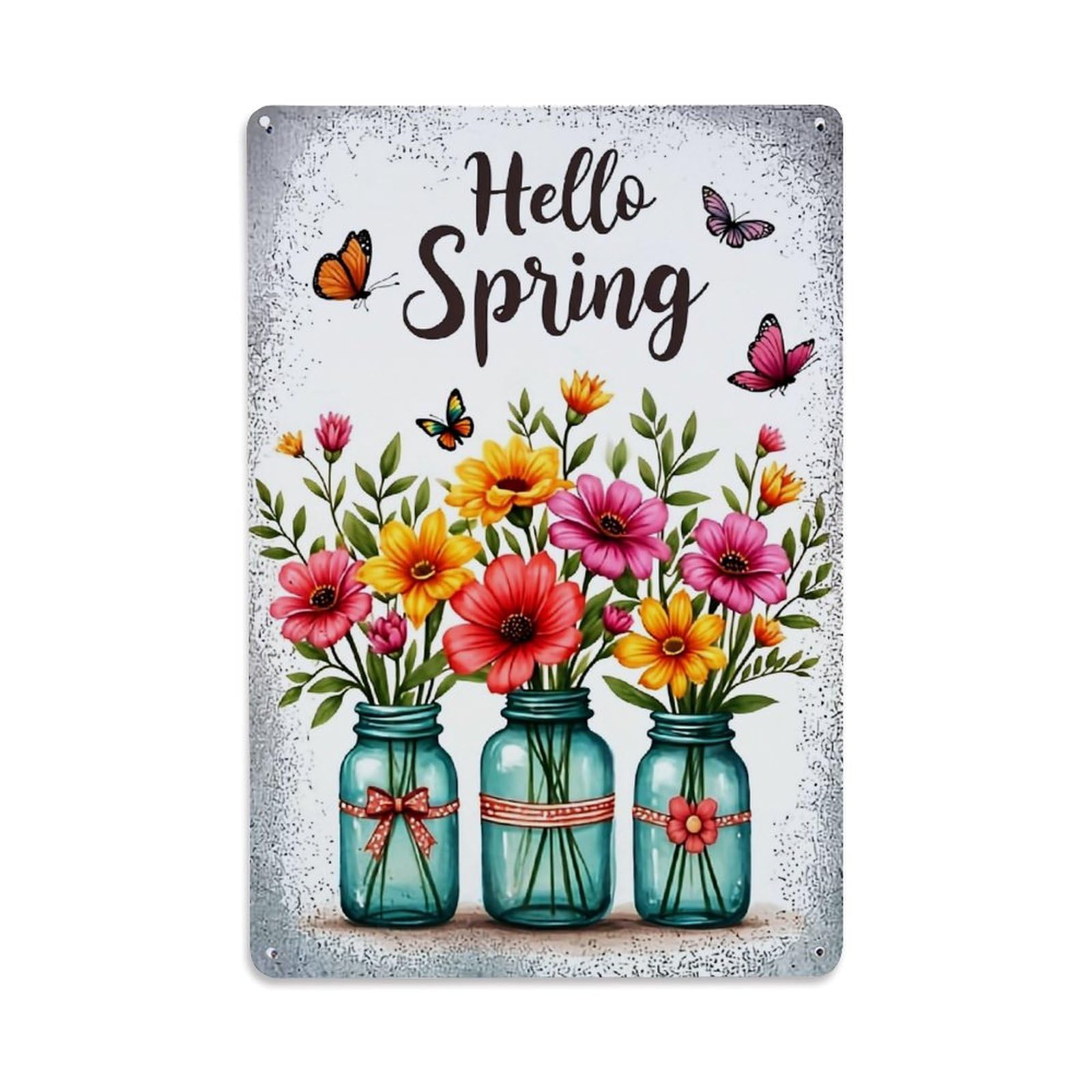 Jdfenggu Vintage Hello Spring Floral Mason Jars Retro Metal Tin Sign, Metal Poster For Bar, Home, Man Cave, Kitchen, Laundry Room Art Decor 8X12 Inch