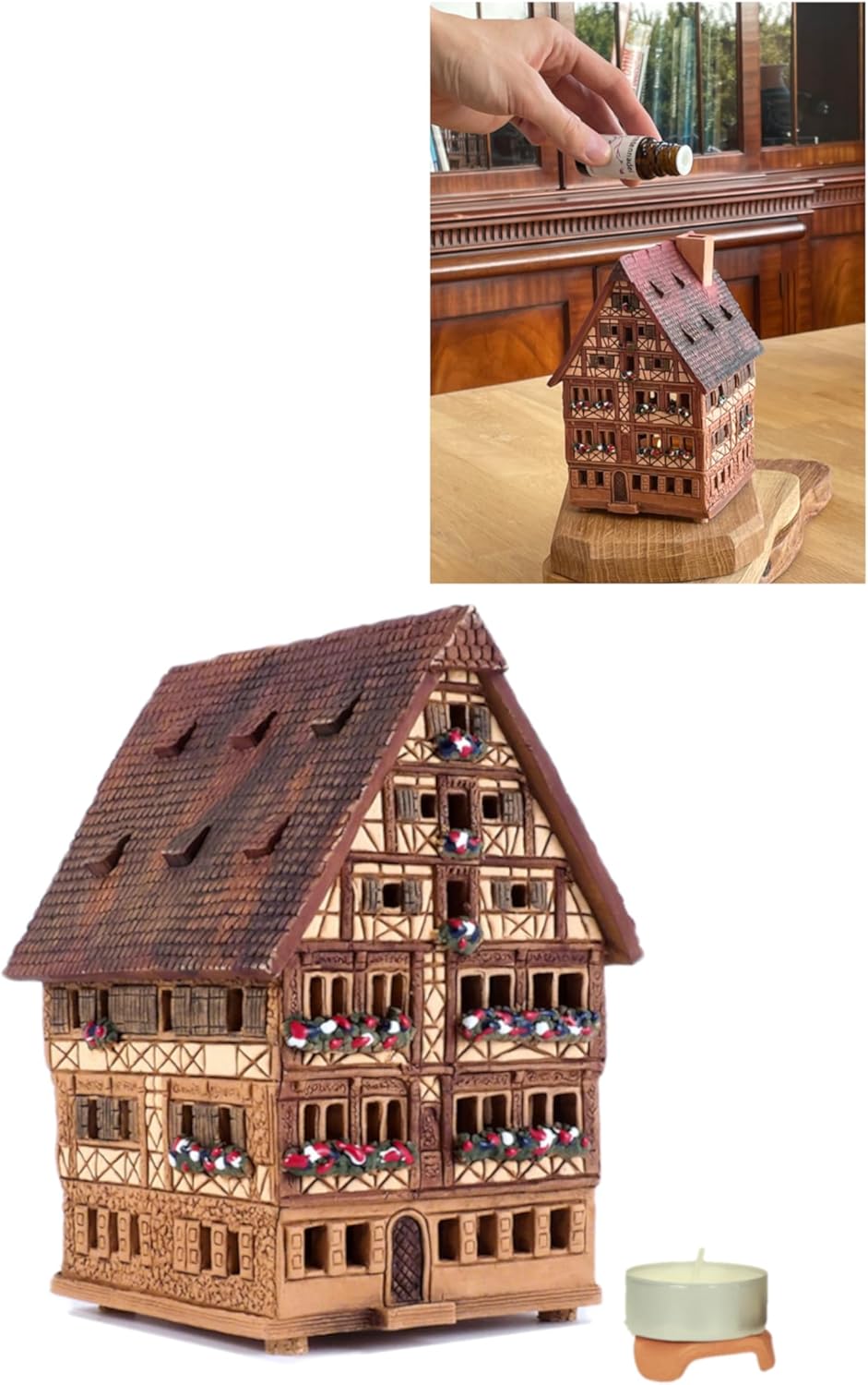 Ceramic Houses and Villages Collection - Handmade German Village House of Historic Hotel Deutsches Haus in Dinkelsbühl - Tea Light Candle Holder,Cone Incense Burner A230AR