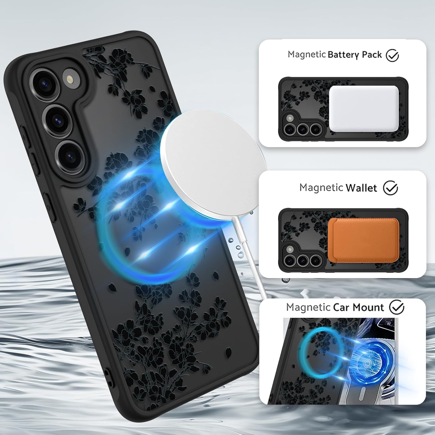 OOK Case Fit for Samsung Galaxy S23 Plus 6.7 Inch (Wireless Charging Compatible) Black Floral Flowers Design Translucent Phone Cover Soft TPU + Hard PC Anti-Scratch Shockproof Magnetic Case for Women - Image 2