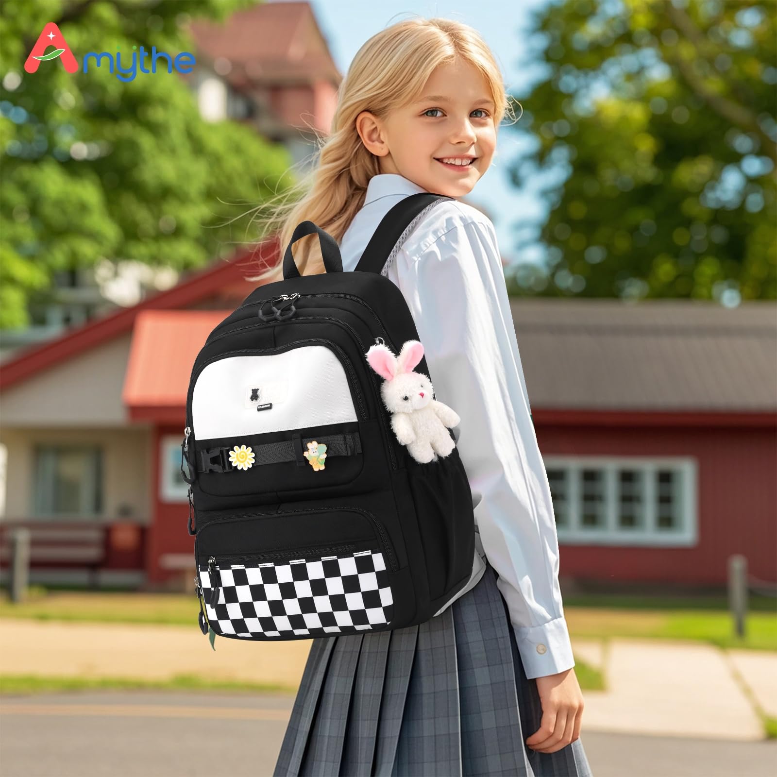 Amythe Sac a Dos Fille, Cartable Primaire Etanche pour Enfant, Sacs à Dos Scolaire Loisir Nylon, Sac D'école Filles Adolescent Pour L'école et les Voyages -Noir
