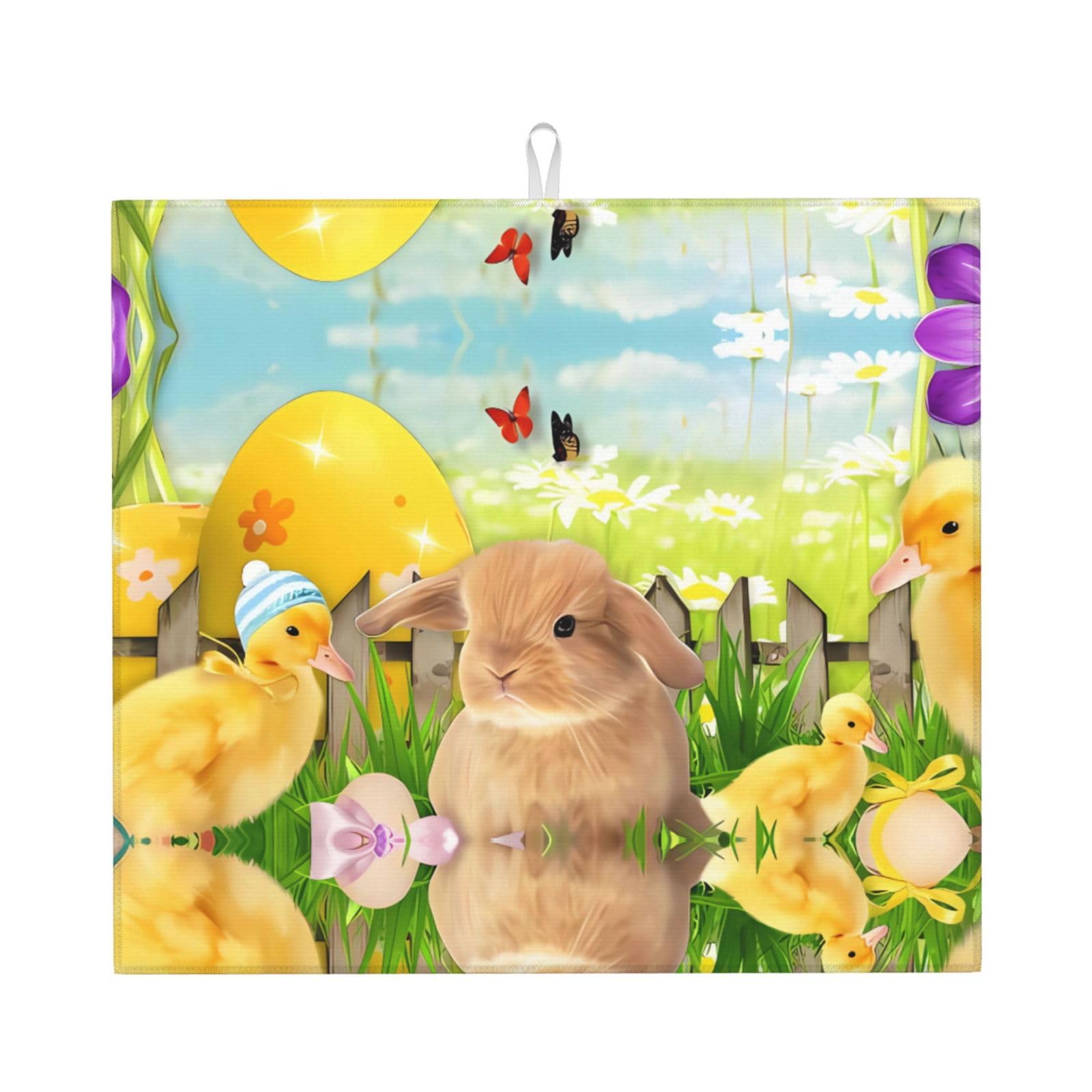 HJFCZH Easter Bunny Spring Butterfly Prints Kitchen Drying Mat – Absorbent Microfiber Throw for Dishes, Non-Slip Counter Cover, Quick-Drying Layer with Fade-Resistant Print