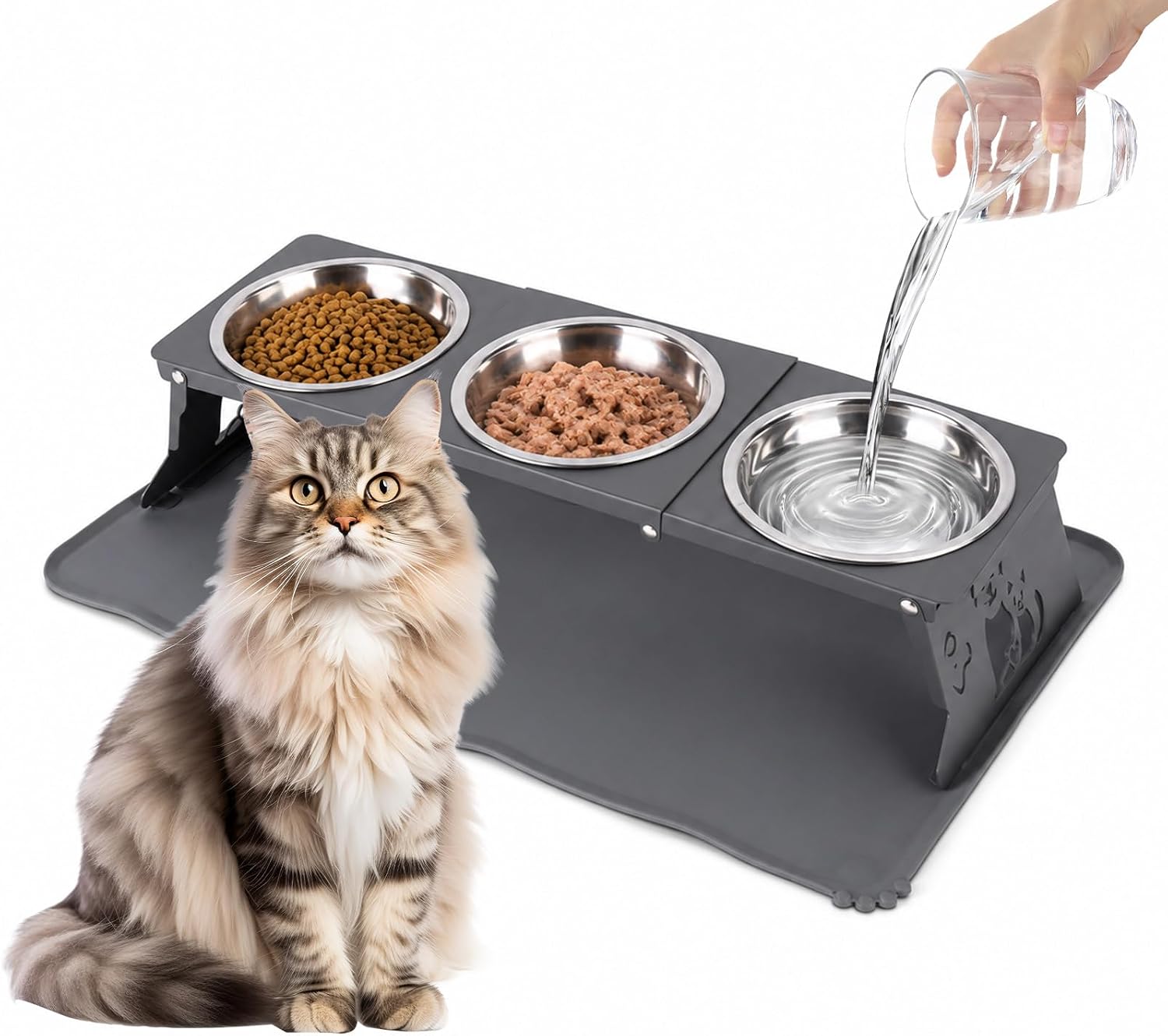 Elevated Cat Bowls Stainless Steel with Food Mat - Cat Feeding Station | 10° Tilted Stand Anti-Vomiting Raised Cat Food and Water Bowl Set, 3 Stainless Steel Bowls for Indoor Cats and Puppy (Grey)