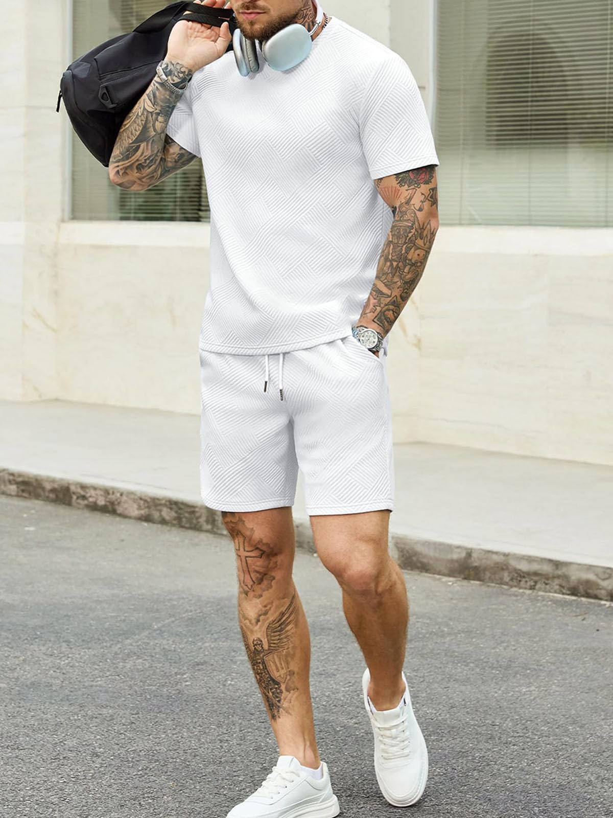 Ropa Verano Hombre 2 Piezas Conjunto de Verano Hombre Jacquard Conjunto de Chándal de Manga Corta para Uso Diario y Vacaciones