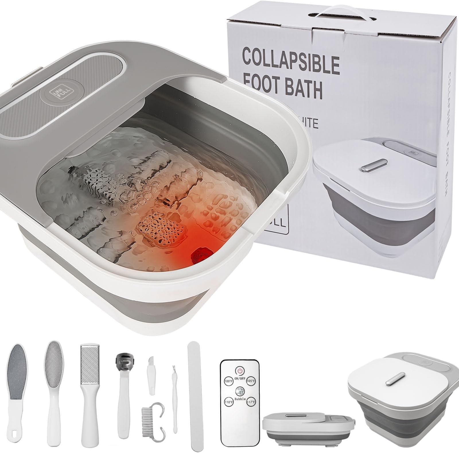 UNIFULL Collapsible Foot Spa Bath with Heat and Remote Control, Temperature Control, Shiatsu Rollers, Bubble Jets, Foot Pedicure Kit for Comfortable Spa Foot Bath