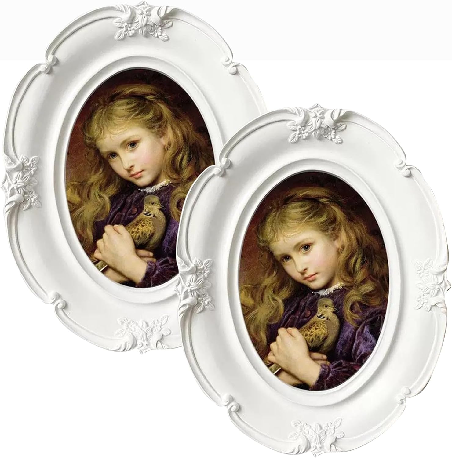 2Pcs Oval Shape Photo Frame Smooth Picture Frame Display Pictures Vintage Rustic Oval Frames for Wall Hanging Home Decor Photo Gallery Art (White,5X7)