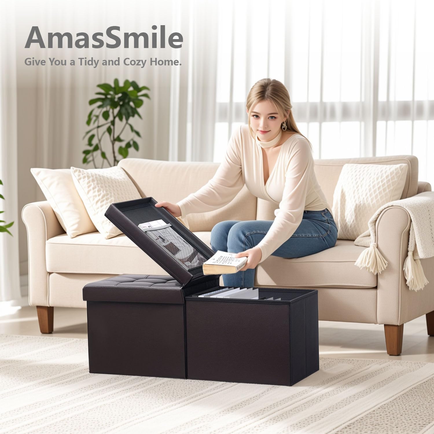 AmasSmile Banco otomano reposapiés con almacenamiento, reposapiés de cuero marrón de 34 pulgadas, mesa de café, asiento acolchado, baúl de almacenamiento, tienda de mantas con tapa abatible para sala
